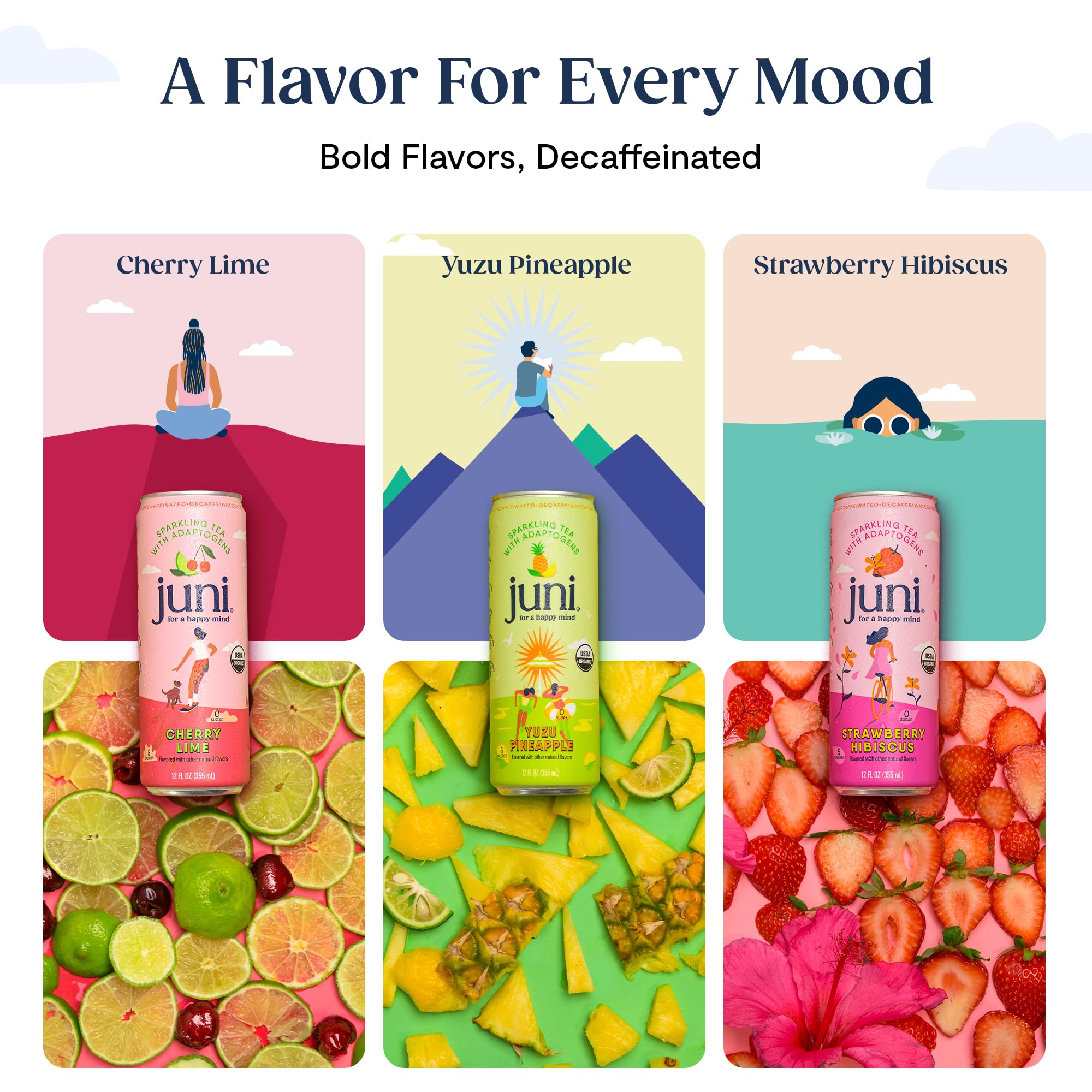 Juni Sparkling Adaptogen Drink with Ashwagandha, Lion’s Mane & Reishi Mushrooms | Green Tea for Focus, Zero Sugar, 5 Calories | Decaffeinated, Non Alcoholic Drinks - Strawberry Hibiscus 12 pack - Maple Wellness Supplements