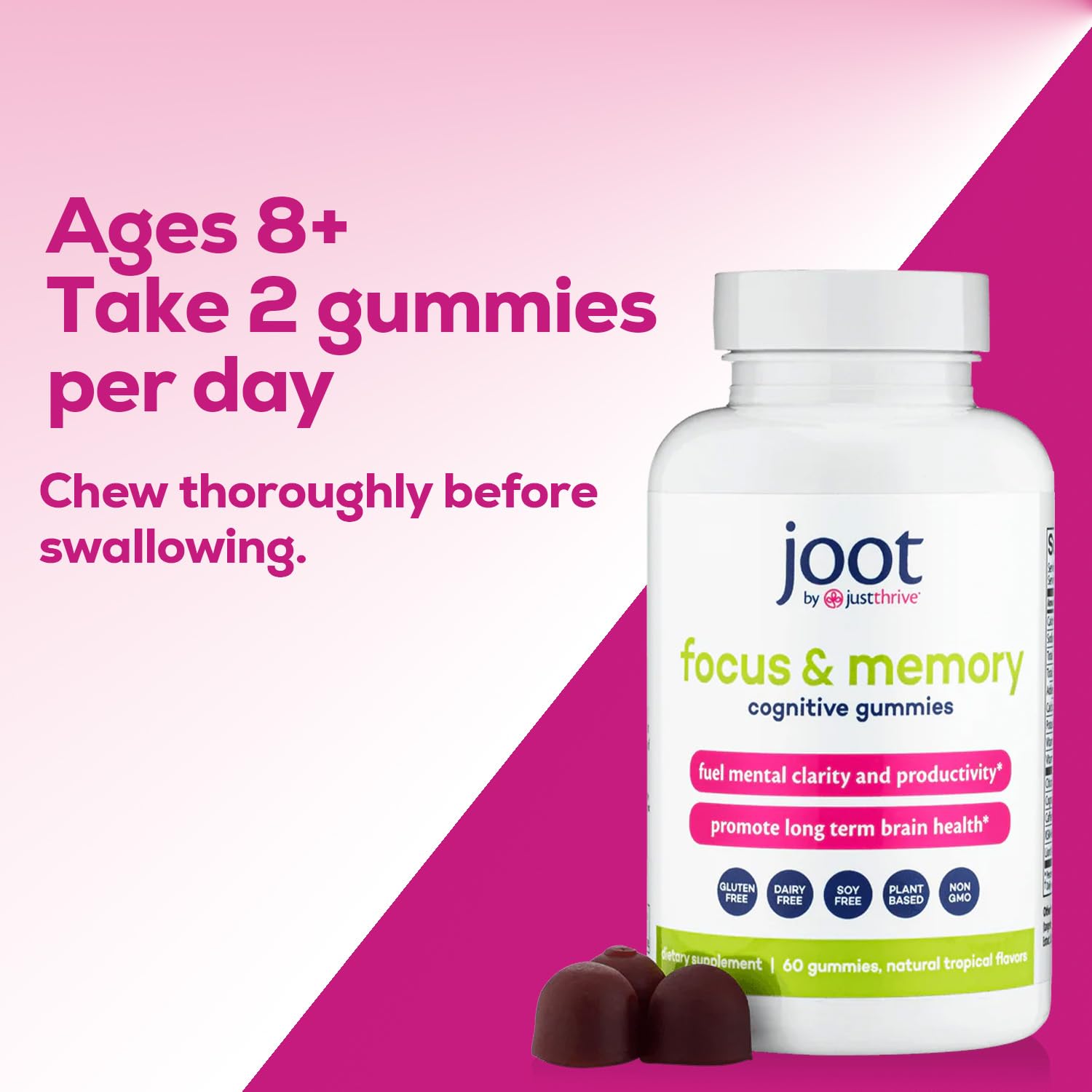 Just Thrive Focus & Memory Gummies – Nootropic Brain Supplement for Clarity, Concentration, Memory Support, & Energy – Citicoline, Lion’s Mane, Vitamin B12 & D3 - TrustMedUSA