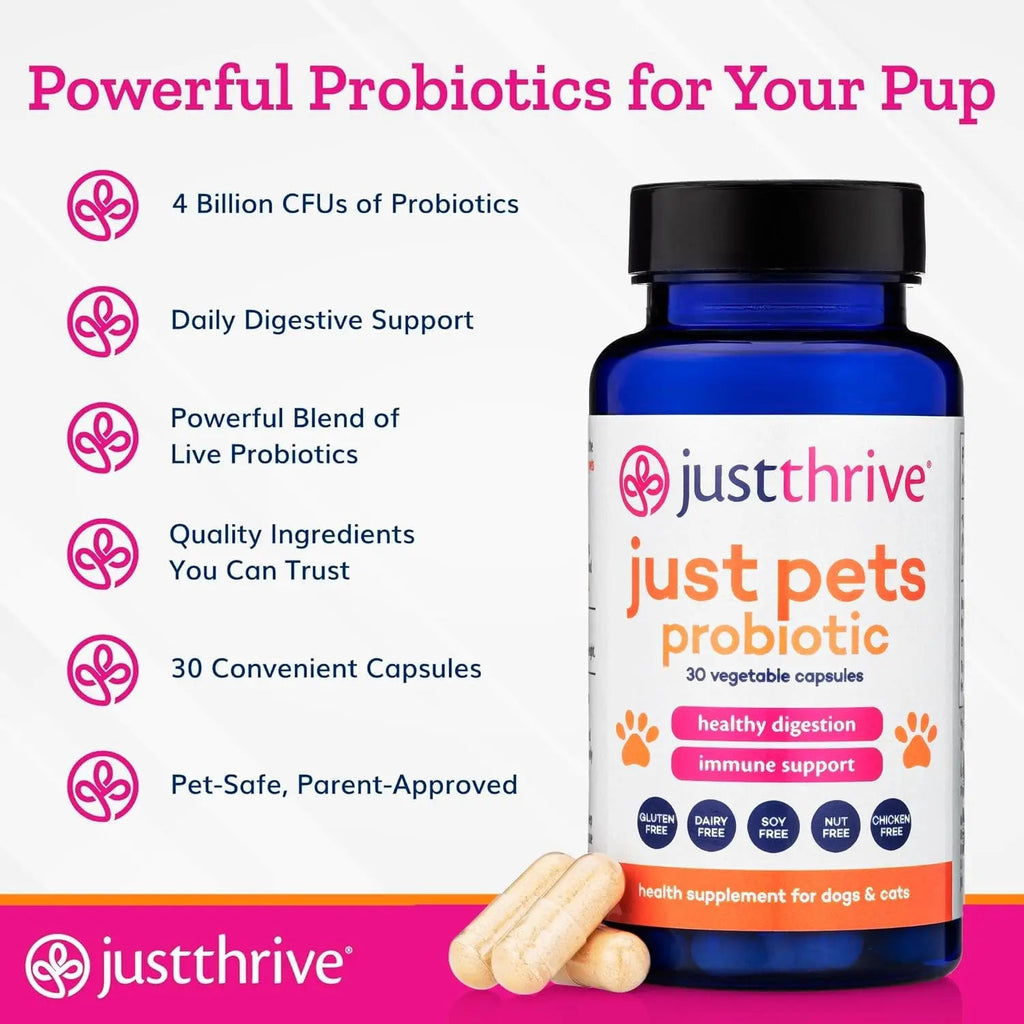 Just Thrive Just Pets Probiotic - Daily Digestive Probiotics for Dogs and Cats - 4 Billion CFUs Pet Probiotic, 30 Capsules - TrustMedUSA