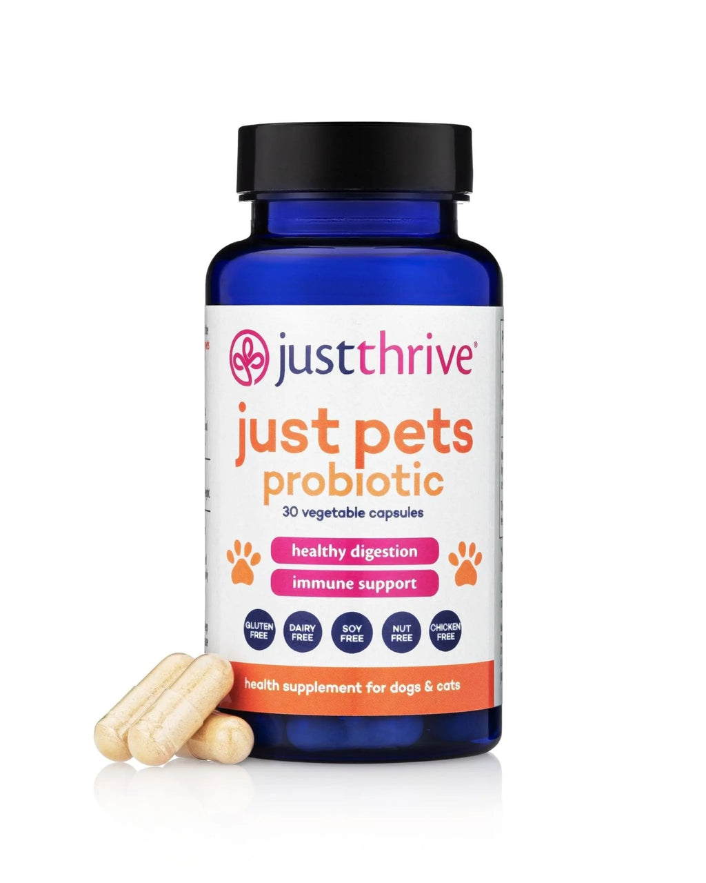 Just Thrive Just Pets Probiotic - Daily Digestive Probiotics for Dogs and Cats - 4 Billion CFUs Pet Probiotic, 30 Capsules - TrustMedUSA