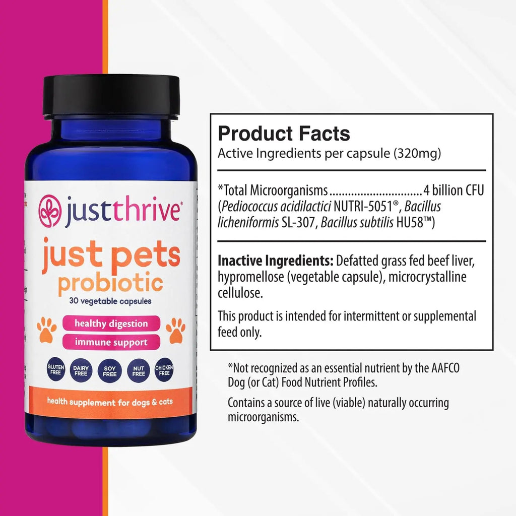 Just Thrive Just Pets Probiotic - Daily Digestive Probiotics for Dogs and Cats - 4 Billion CFUs Pet Probiotic, 30 Capsules - TrustMedUSA