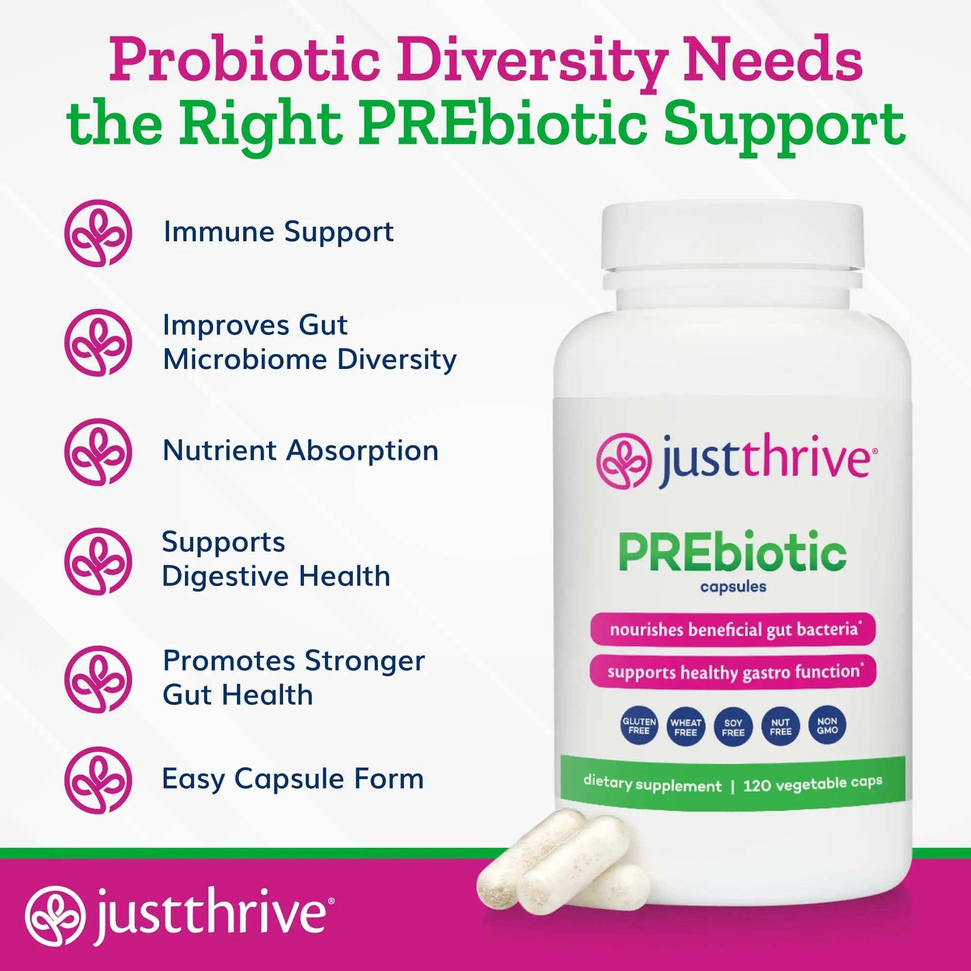Just Thrive PREbiotic Capsules - Prebiotic Blend for Gut Health and Immune Support, 120 Caps - TrustMedUSA