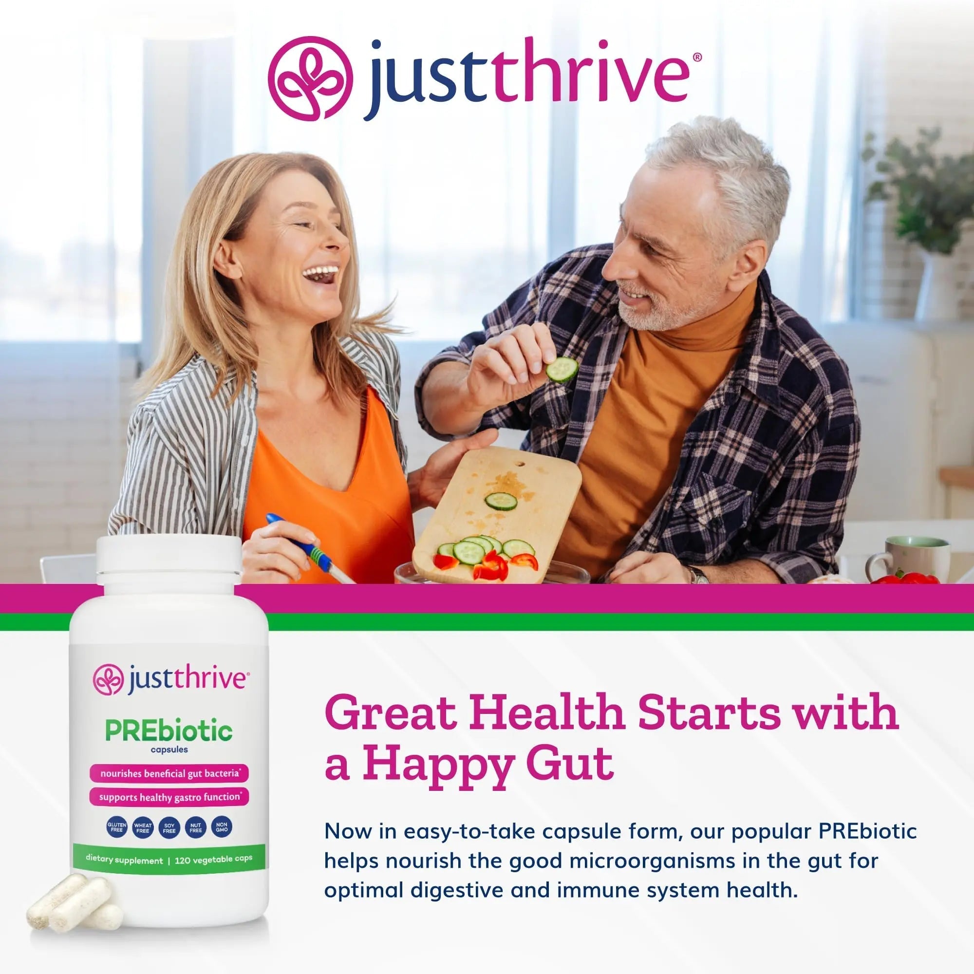 Just Thrive PREbiotic Capsules - Prebiotic Blend for Gut Health and Immune Support, 120 Caps - TrustMedUSA