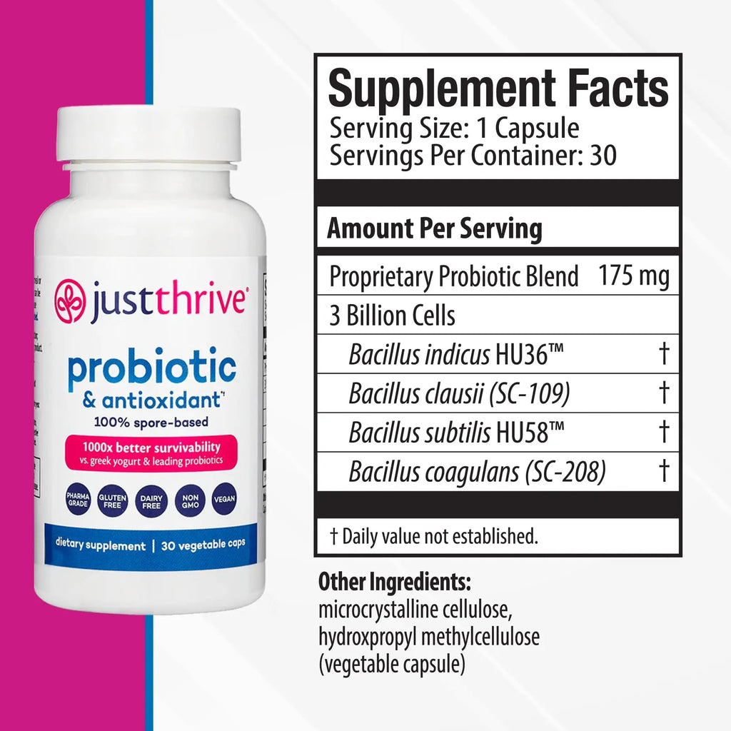 Just Thrive Probiotic & Antioxidant Supplement - 100% Spore-Based Digestive and Immune Support - Gluten Free, 30 Caps - TrustMedUSA