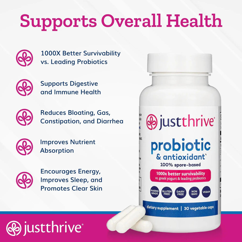 Just Thrive Probiotic & Antioxidant Supplement - 100% Spore-Based Digestive and Immune Support - Gluten Free, 30 Caps - TrustMedUSA