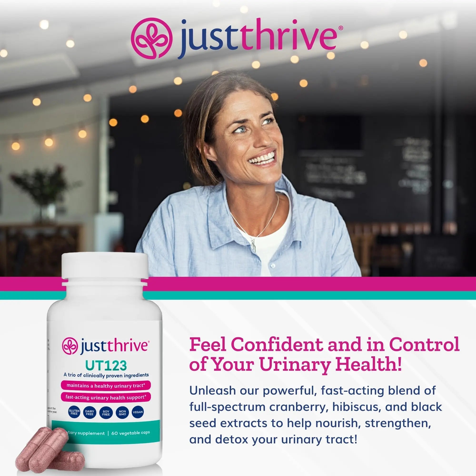 Just Thrive UT123 - Supports Urinary Tract Health for Women - Made with Cranberry, 60 Capsules - TrustMedUSA