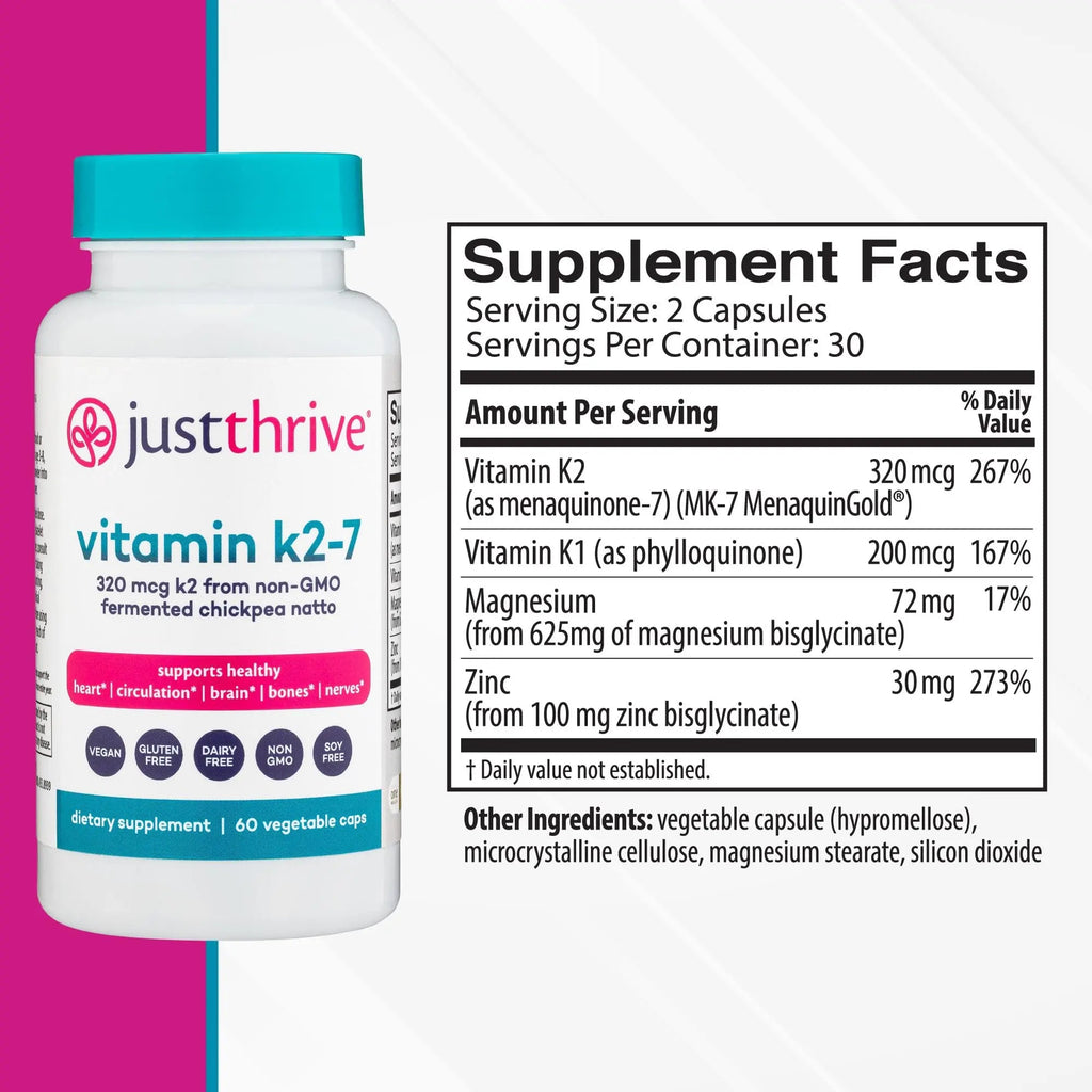 Just Thrive Vitamin K2-7 - Bone, Brain, and Heart Health K2 Vitamin Supplement, 60 Capsules - TrustMedUSA
