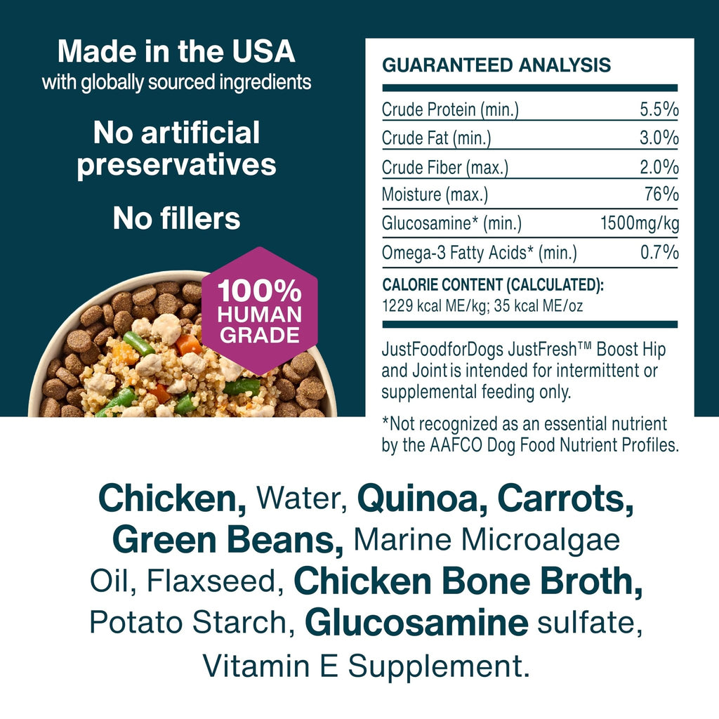 JustFoodForDogs JustFresh Boosts Hip & Joint Support Dog Food Toppers with Glucosamine to Support Hip Mobility & Joint Flexibility, Human-Grade Fresh Pet Meal Booster, 8 oz Pouches - 8 Pack - TrustMedUSA