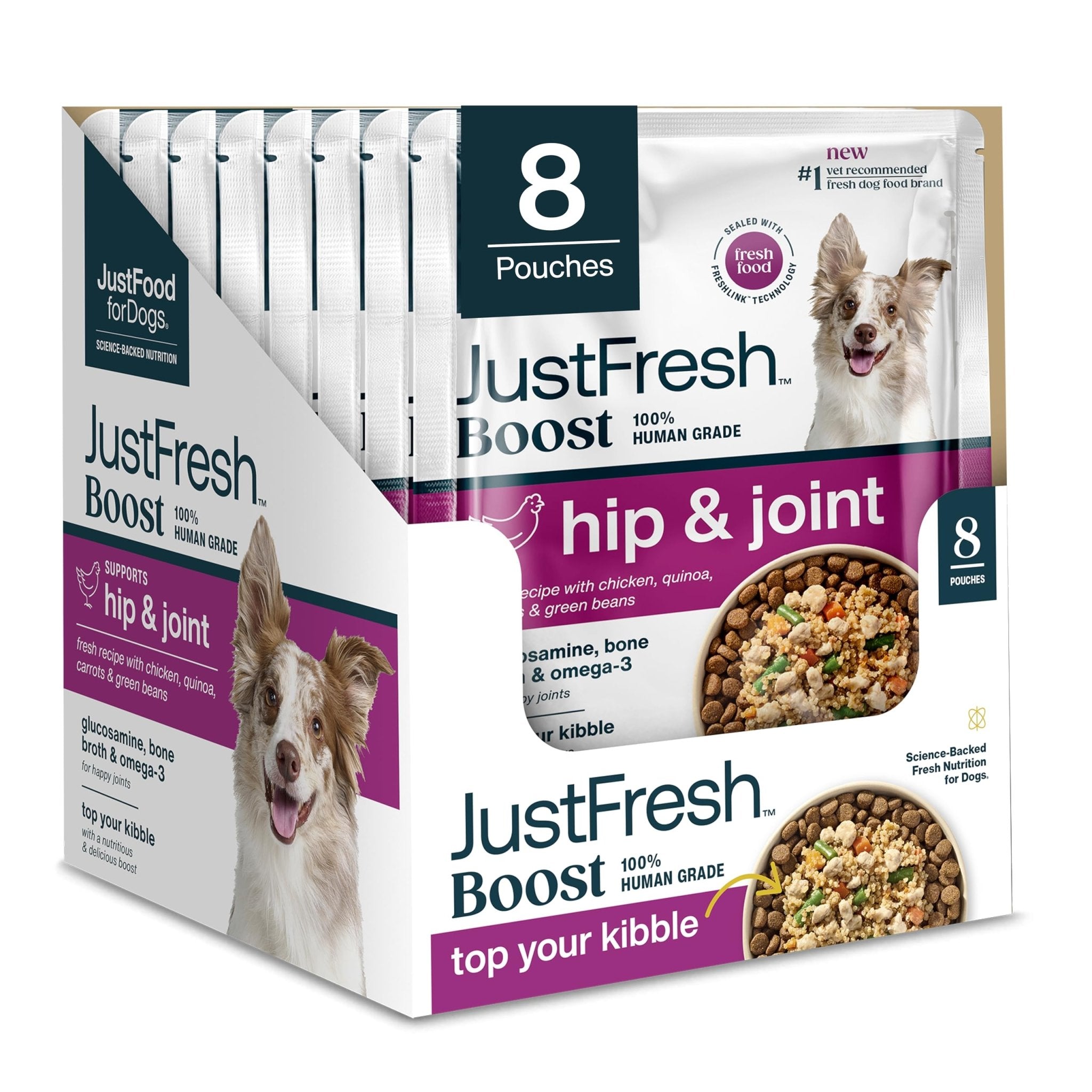 JustFoodForDogs JustFresh Boosts Hip & Joint Support Dog Food Toppers with Glucosamine to Support Hip Mobility & Joint Flexibility, Human-Grade Fresh Pet Meal Booster, 8 oz Pouches - 8 Pack - TrustMedUSA