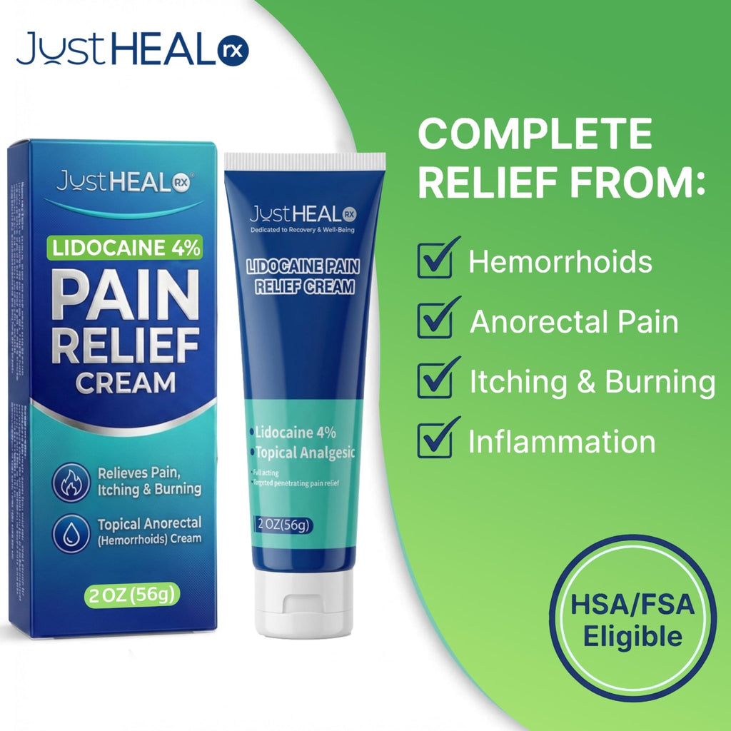 JustHeal RX Lidocaine Cream for Hemorrhoids | 2 OZ Tube – Fast-Acting 4% Lidocaine Numbing Cream & Topical Analgesic Cream for Anorectal Itch Relief | OTC Lidocaine Cream Maximum Strength - TrustMedUSA