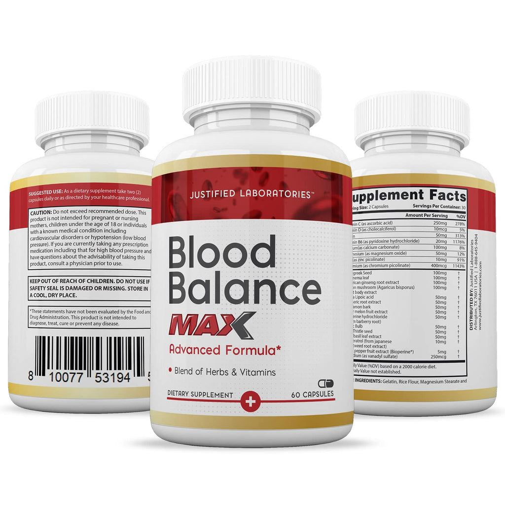Justified Laboratories (2 Pack Blood Balance Max 1295MG Formula Supplement Pills 120 Capsules - TrustMedUSA