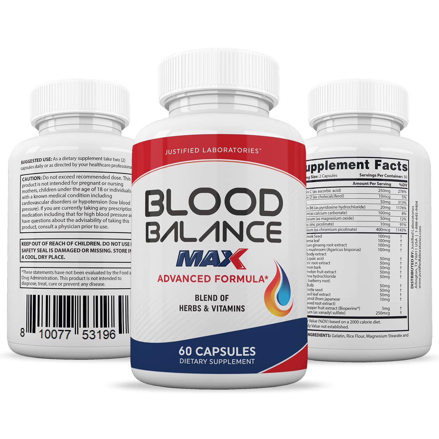 Justified Laboratories (3 Pack) Blood Balance Max 1295MG Supplement Pills 180 Capsules - TrustMedUSA