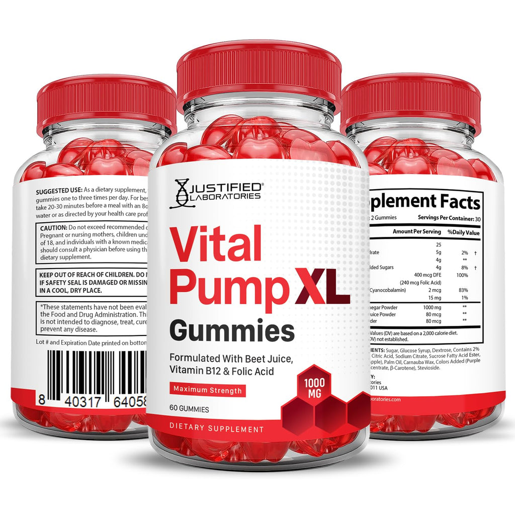 Justified Laboratories (3 Pack) Vital Pump XL Performance Gummies 1000MG Advanced Formula Vital PumpXL Formulated with Beet Juice ACV Pomegranate Beet Powder B12 Vegan Non GMO 180 Gummys - TrustMedUSA