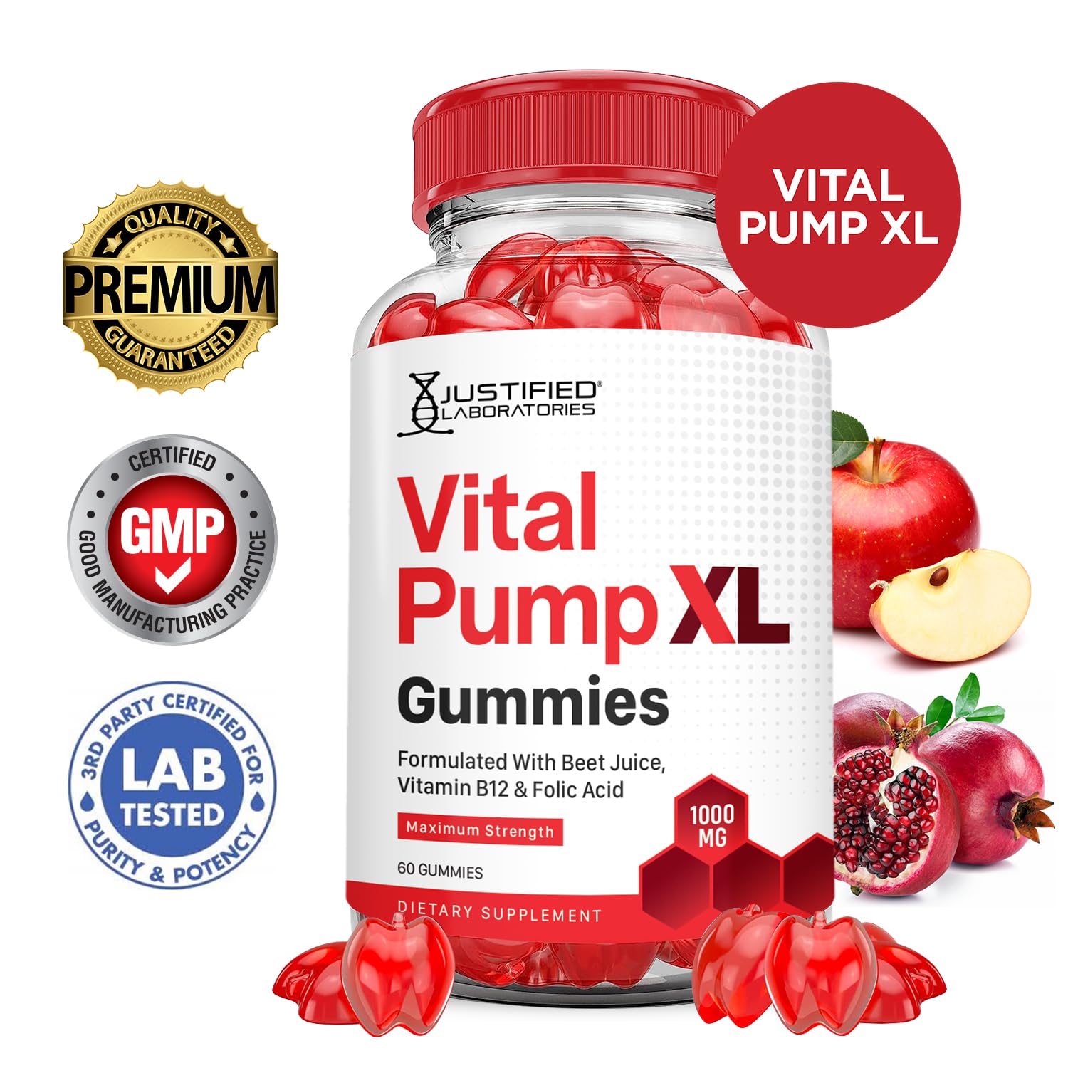 Justified Laboratories (3 Pack) Vital Pump XL Performance Gummies 1000MG Advanced Formula Vital PumpXL Formulated with Beet Juice ACV Pomegranate Beet Powder B12 Vegan Non GMO 180 Gummys - TrustMedUSA