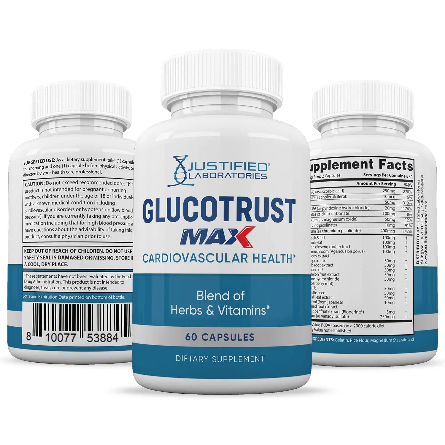 Justified Laboratories (5 Pack) Glucotrust Max 1295MG Formula Supplement Pills 300 cap - TrustMedUSA
