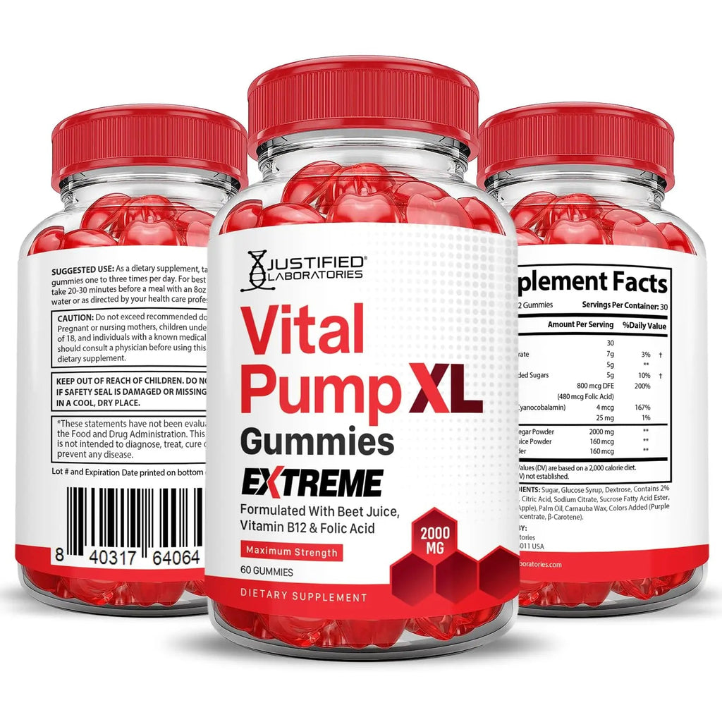 Justified Laboratories (5 Pack) Vital Pump XL Extreme 2000MG Performance Gummies Vital PumpXL Advanced Formula Formulated with Beet Juice ACV Pomegranate Powder B12 Vegan Non GMO 300 Gummys - TrustMedUSA
