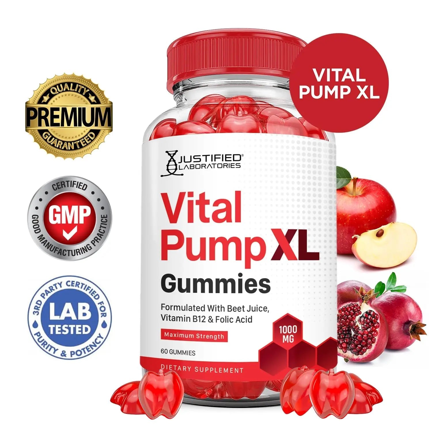 Justified Laboratories (5 Pack) Vital Pump XL Performance Gummies 1000MG Advanced Formula Vital PumpXL Formulated with Beet Juice ACV Pomegranate Beet Powder B12 Vegan Non GMO 300 Gummys - TrustMedUSA