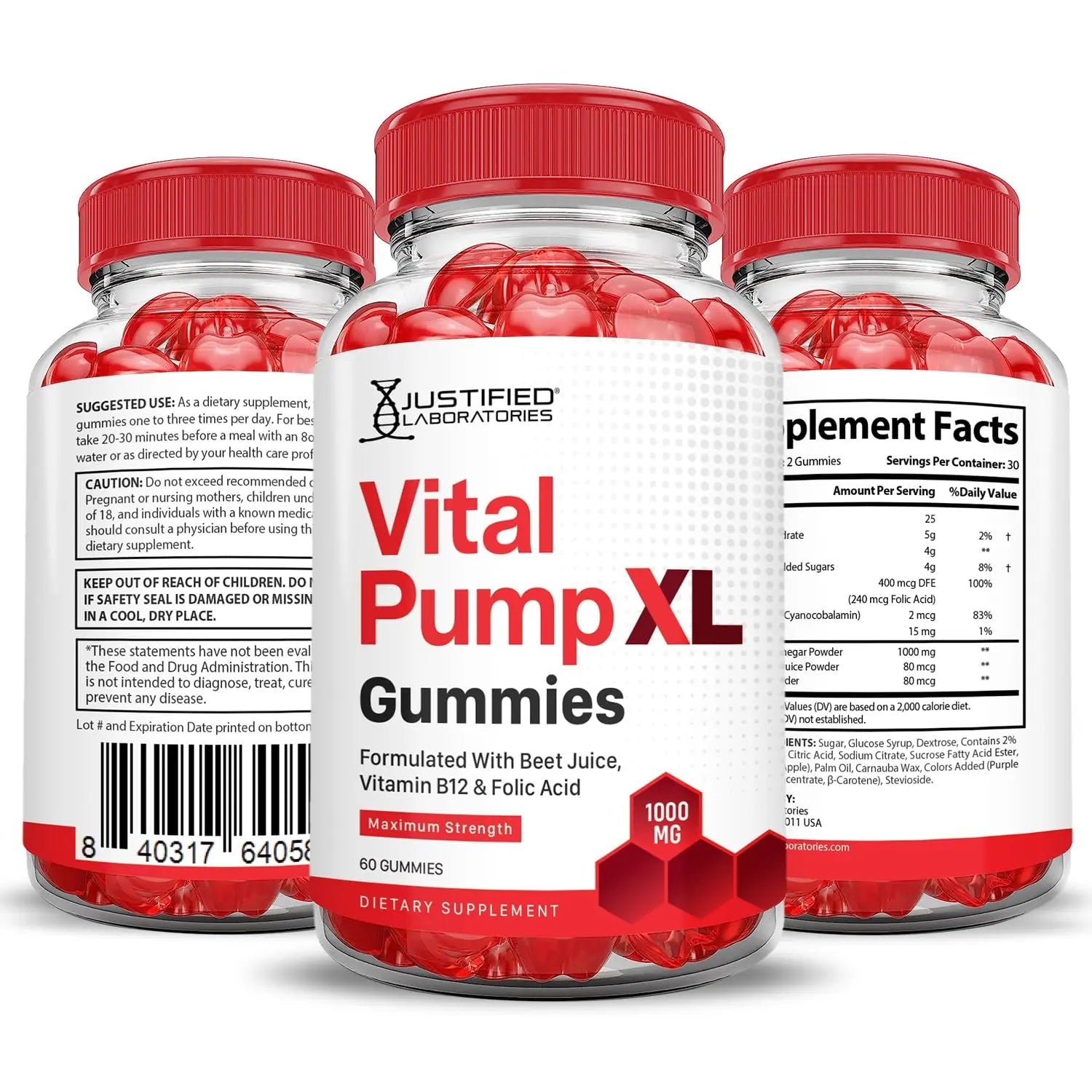 Justified Laboratories (5 Pack) Vital Pump XL Performance Gummies 1000MG Advanced Formula Vital PumpXL Formulated with Beet Juice ACV Pomegranate Beet Powder B12 Vegan Non GMO 300 Gummys - TrustMedUSA