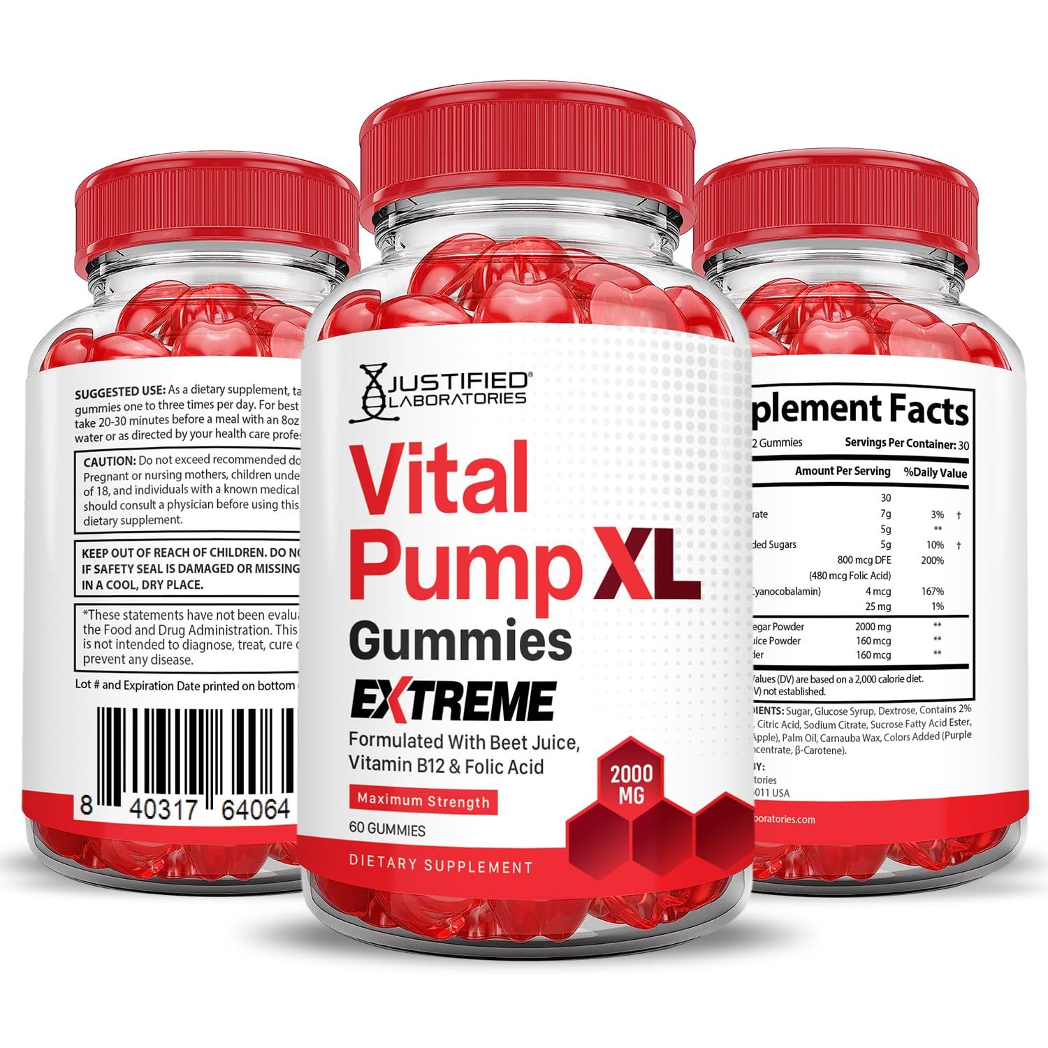 Justified Laboratories Vital Pump XL Extreme 2000MG Performance Gummies Vital PumpXL Advanced Formula Formulated with Beet Juice ACV Pomegranate Powder B12 Vegan Non GMO 60 Gummys - TrustMedUSA
