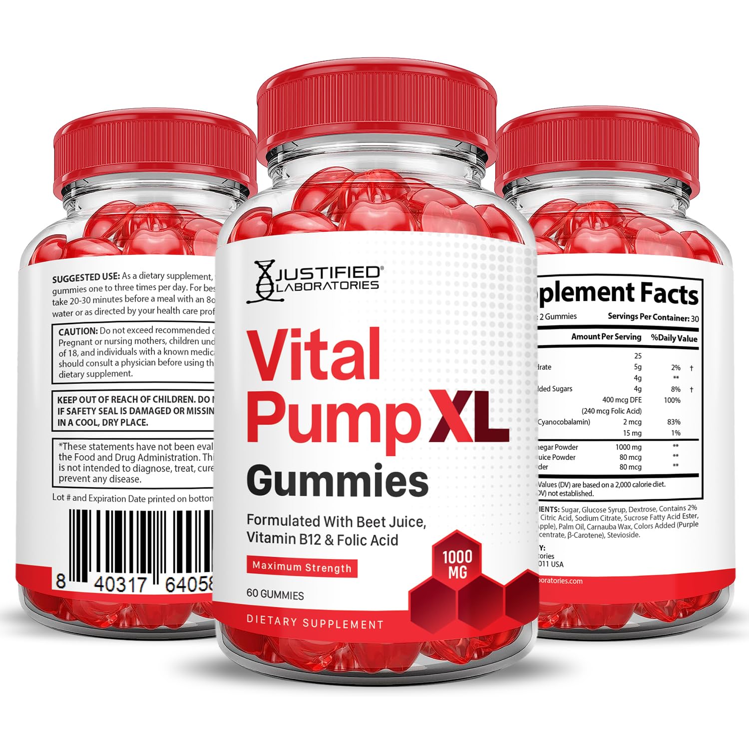 Justified Laboratories Vital Pump XL Performance Gummies 1000MG Advanced Formula Vital PumpXL Formulated with Beet Juice ACV Pomegranate Beet Powder B12 Vegan Non GMO 60 Gummys - TrustMedUSA