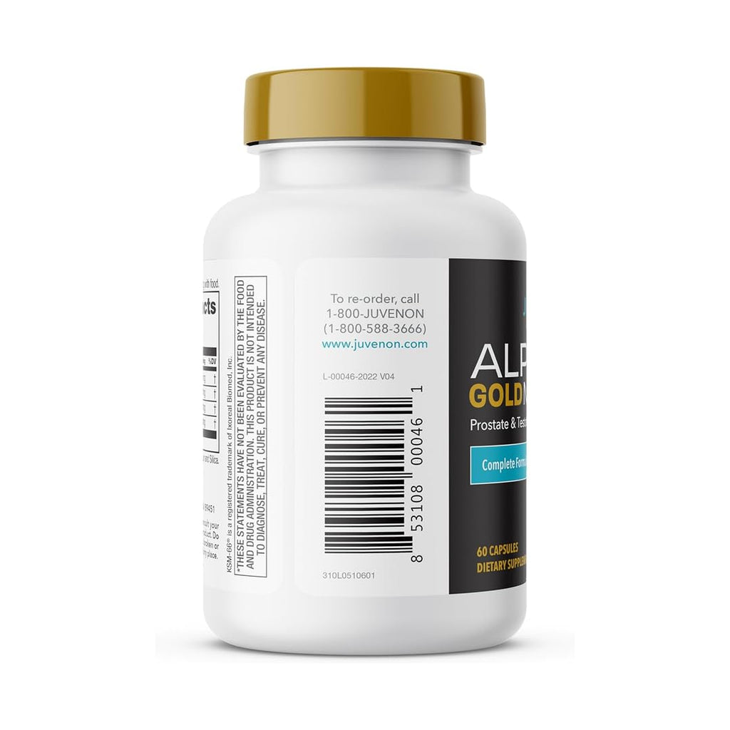 Juvenon Alpha Gold Male Testosterone Booster for Men - T-Support & Male Vitality with KSM-66 Ashwagandha + Fenugreek + Boron Citrate + Saw Palmetto, Non-GMO Vegetarian Capsules - TrustMedUSA