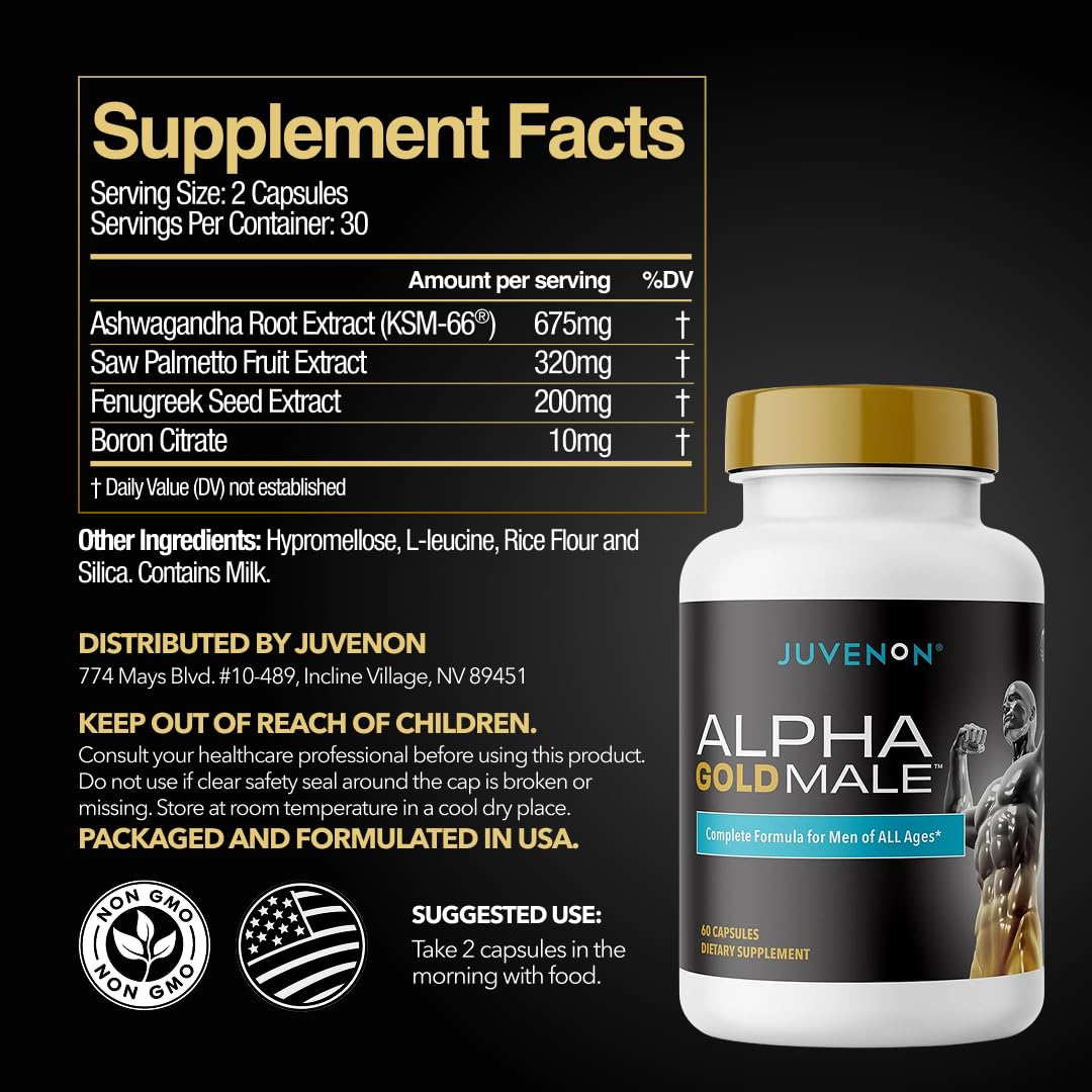 Juvenon Alpha Gold Male Testosterone Booster for Men - T-Support & Male Vitality with KSM-66 Ashwagandha + Fenugreek + Boron Citrate + Saw Palmetto, Non-GMO Vegetarian Capsules - TrustMedUSA