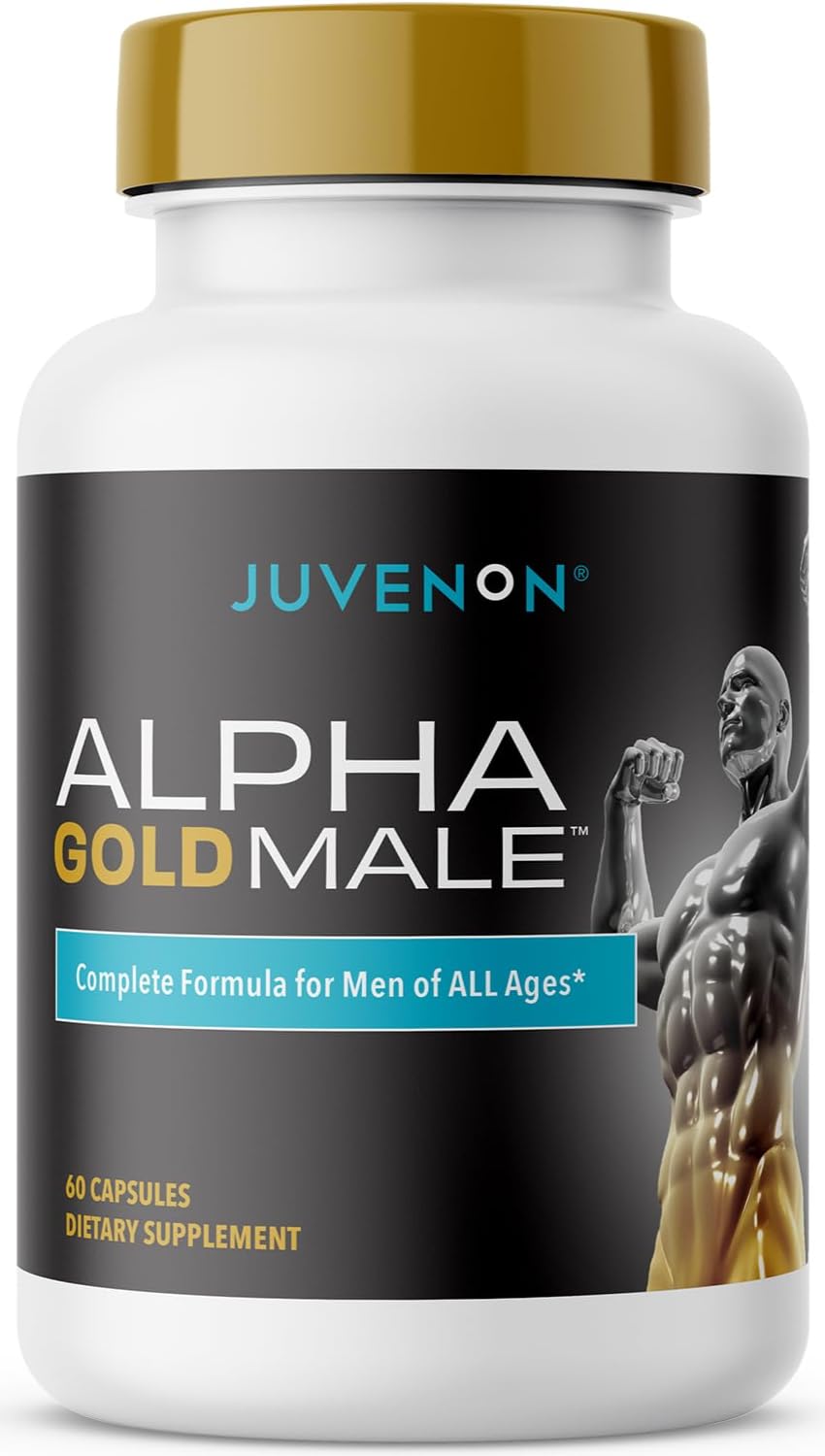 Juvenon Alpha Gold Male Testosterone Booster for Men - T-Support & Male Vitality with KSM-66 Ashwagandha + Fenugreek + Boron Citrate + Saw Palmetto, Non-GMO Vegetarian Capsules - TrustMedUSA