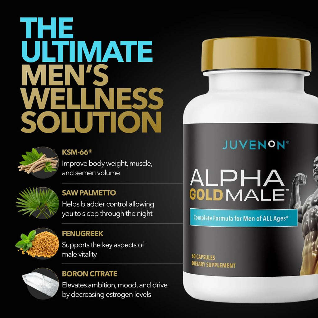 Juvenon Alpha Gold Male Testosterone Booster for Men - T-Support & Male Vitality with KSM-66 Ashwagandha + Fenugreek + Boron Citrate + Saw Palmetto, Non-GMO Vegetarian Capsules - TrustMedUSA