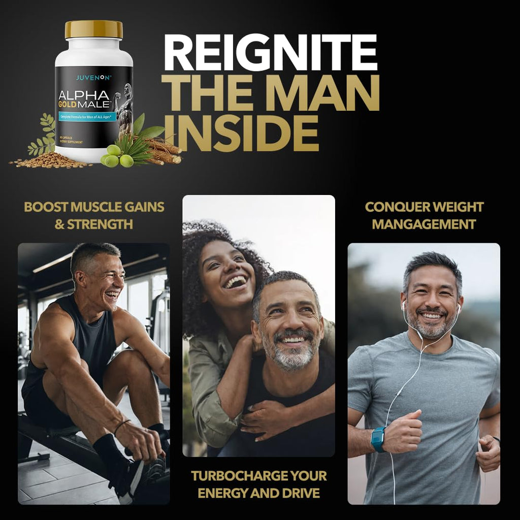 Juvenon Alpha Gold Male Testosterone Booster for Men - T-Support & Male Vitality with KSM-66 Ashwagandha + Fenugreek + Boron Citrate + Saw Palmetto, Non-GMO Vegetarian Capsules - TrustMedUSA