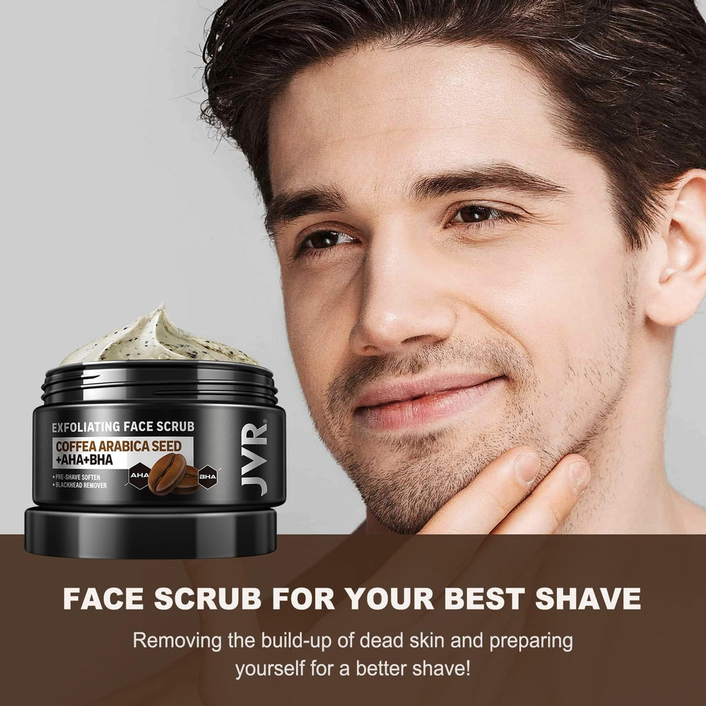 JVR Face Scrub for Men, Facial Scrub for Deep Exfoliating, Cleansing Blackheads, Ingrown Hair, Pre-shave Soften, Organic Formulated with Coffee Extract, AHA and BHA Face Exfoliator (4.23 oz) - Maple Wellness Supplements