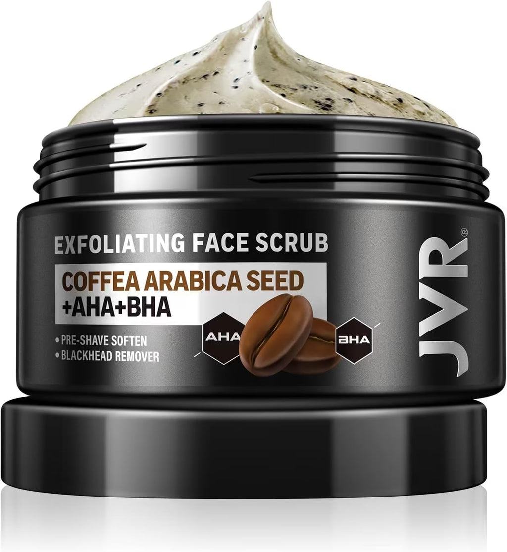 JVR Face Scrub for Men, Facial Scrub for Deep Exfoliating, Cleansing Blackheads, Ingrown Hair, Pre-shave Soften, Organic Formulated with Coffee Extract, AHA and BHA Face Exfoliator (4.23 oz) - Maple Wellness Supplements