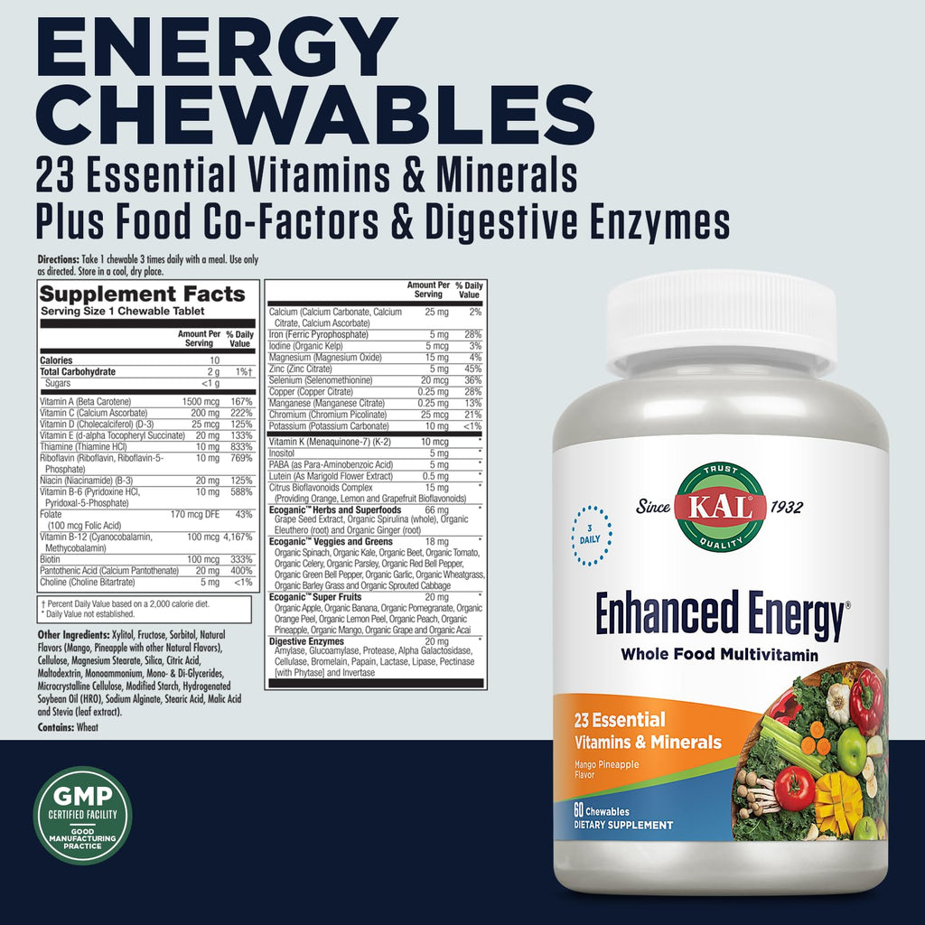 KAL Enhanced Energy Supplements, Whole Food Chewable Multivitamin with Iron, 3 Daily, 23 Essential Vitamins and Minerals, Super Foods, Enzymes, Mango Pineapple Flavor, 60-Day Guarantee, 20 Serv, 60ct - TrustMedUSA