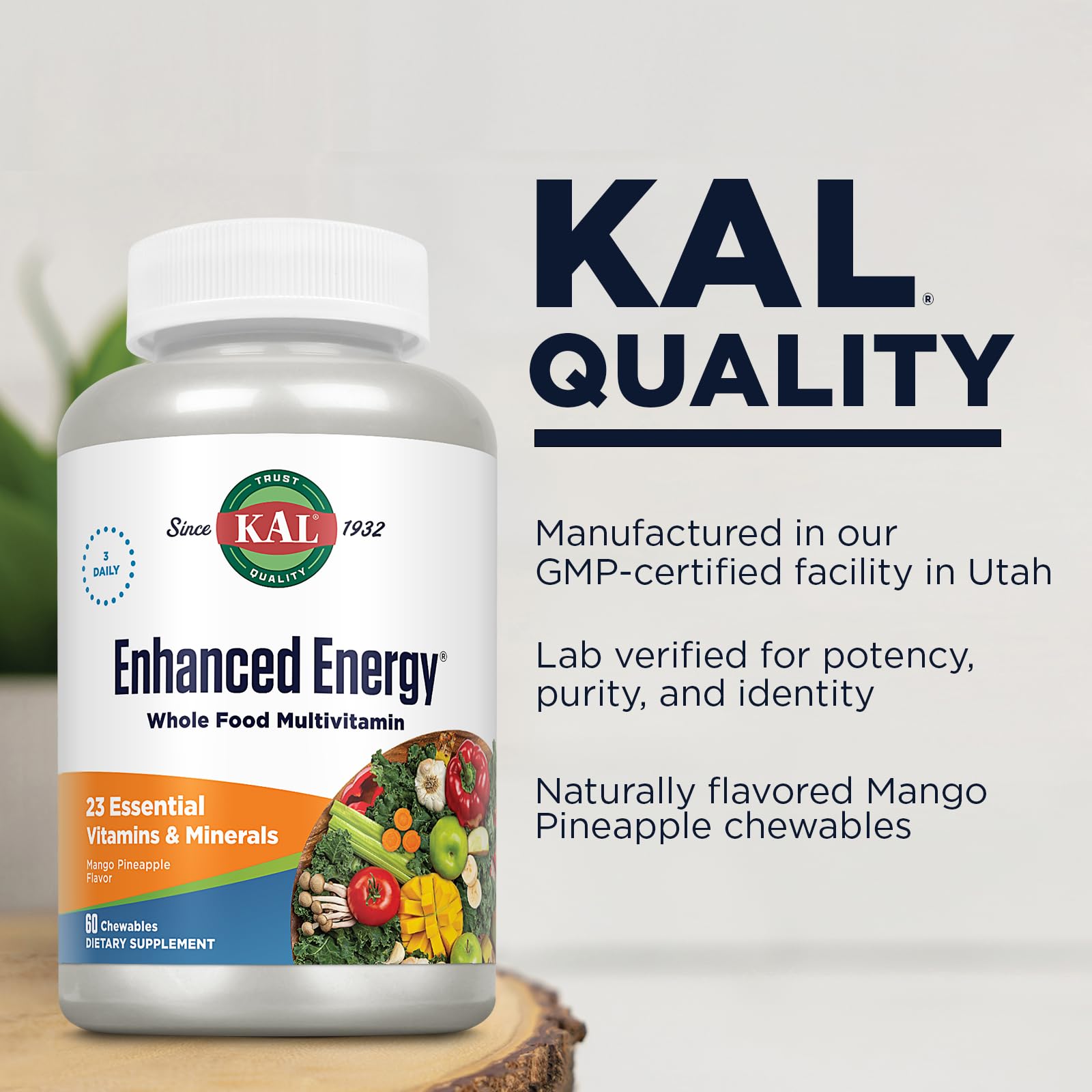 KAL Enhanced Energy Supplements, Whole Food Chewable Multivitamin with Iron, 3 Daily, 23 Essential Vitamins and Minerals, Super Foods, Enzymes, Mango Pineapple Flavor, 60-Day Guarantee, 20 Serv, 60ct - TrustMedUSA
