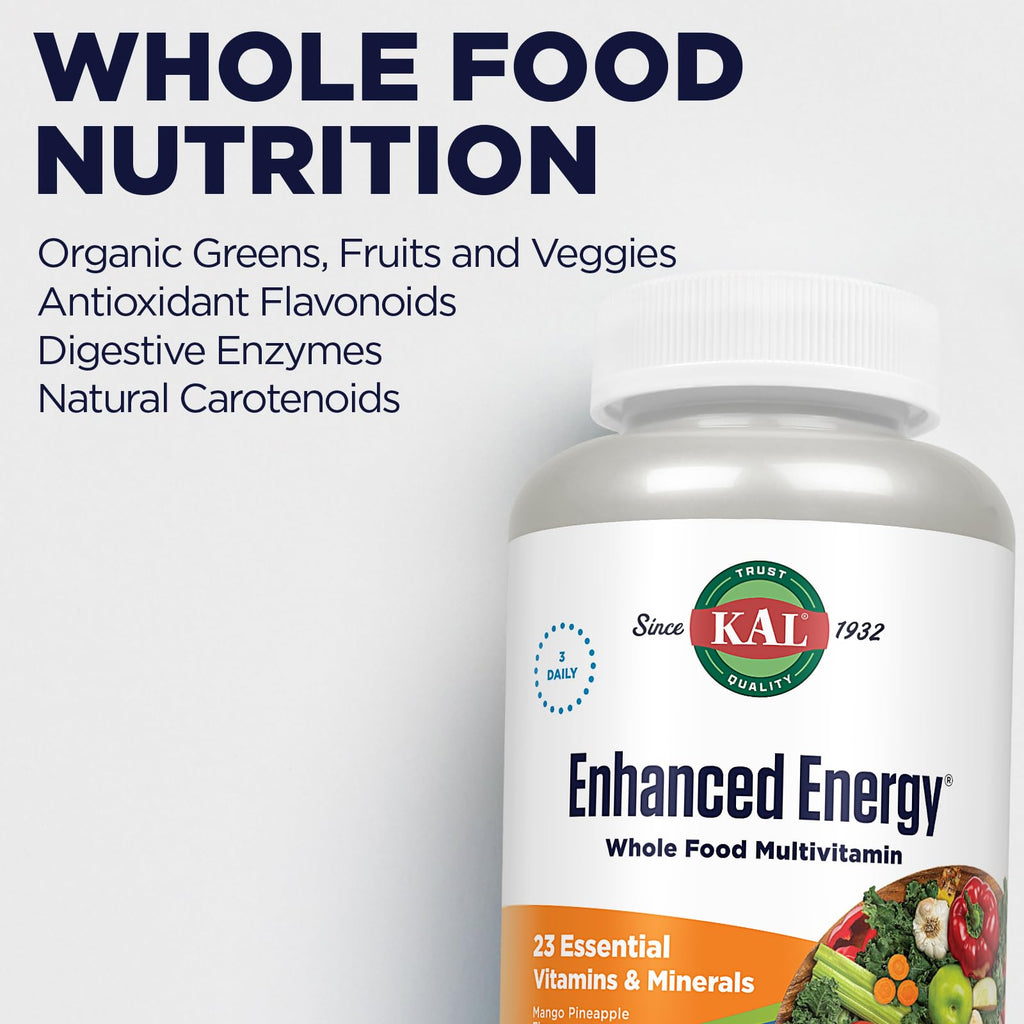 KAL Enhanced Energy Supplements, Whole Food Chewable Multivitamin with Iron, 3 Daily, 23 Essential Vitamins and Minerals, Super Foods, Enzymes, Mango Pineapple Flavor, 60-Day Guarantee, 20 Serv, 60ct - TrustMedUSA