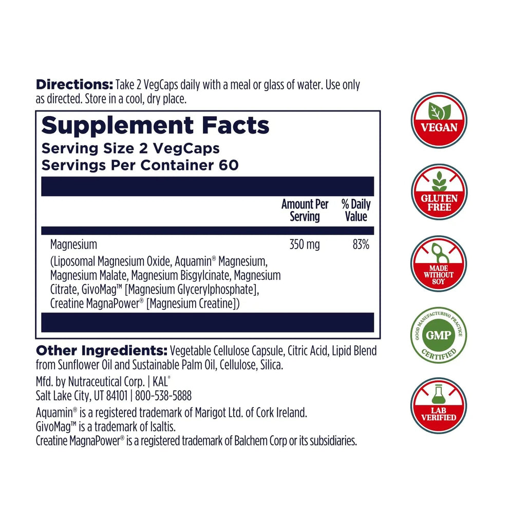 KAL Magnesium Complex 7 - Total Complex with Magnesium Glycinate, Citrate, Malate and More - Relaxation and Whole Body Support Supplements - Vegan, 60-Day Guarantee - 60 Servings - 120 VegCaps - TrustMedUSA