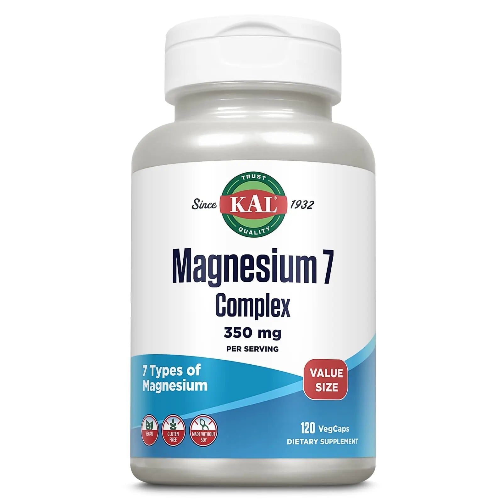 KAL Magnesium Complex 7 - Total Complex with Magnesium Glycinate, Citrate, Malate and More - Relaxation and Whole Body Support Supplements - Vegan, 60-Day Guarantee - 60 Servings - 120 VegCaps - TrustMedUSA