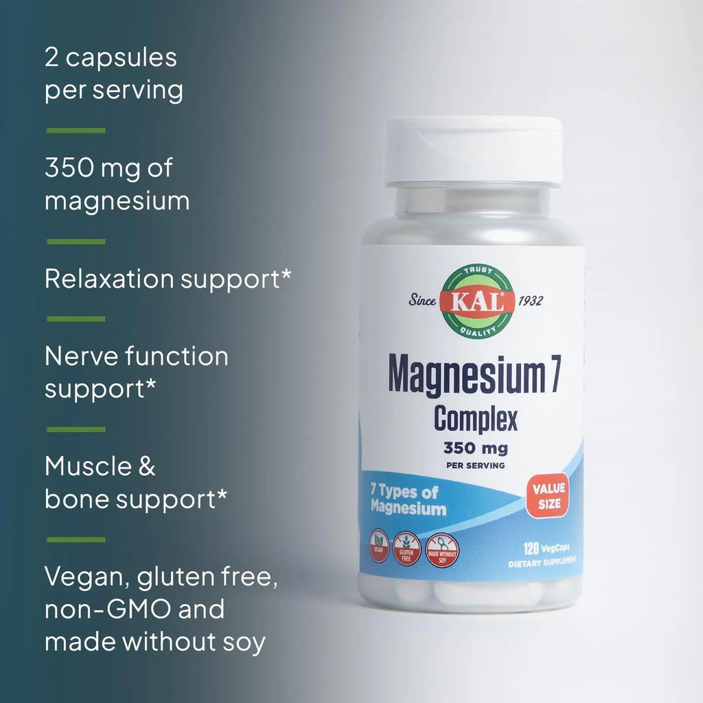 KAL Magnesium Complex 7 - Total Complex with Magnesium Glycinate, Citrate, Malate and More - Relaxation and Whole Body Support Supplements - Vegan, 60-Day Guarantee - 60 Servings - 120 VegCaps - TrustMedUSA