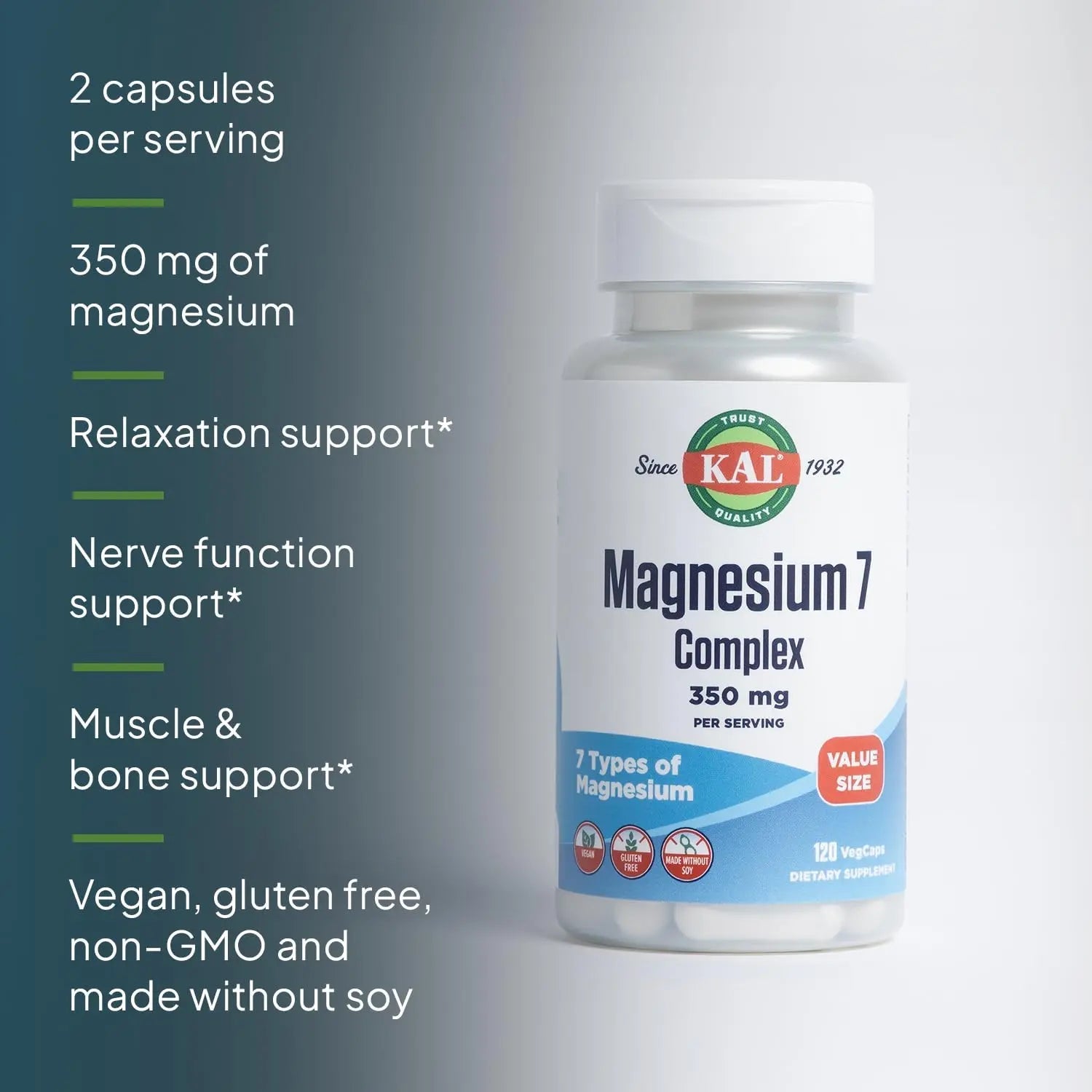 KAL Magnesium Complex 7 - Total Complex with Magnesium Glycinate, Citrate, Malate and More - Relaxation and Whole Body Support Supplements - Vegan, 60-Day Guarantee - 60 Servings - 120 VegCaps - TrustMedUSA