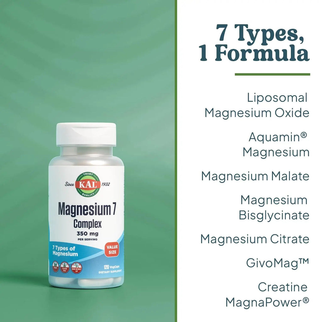 KAL Magnesium Complex 7 - Total Complex with Magnesium Glycinate, Citrate, Malate and More - Relaxation and Whole Body Support Supplements - Vegan, 60-Day Guarantee - 60 Servings - 120 VegCaps - TrustMedUSA