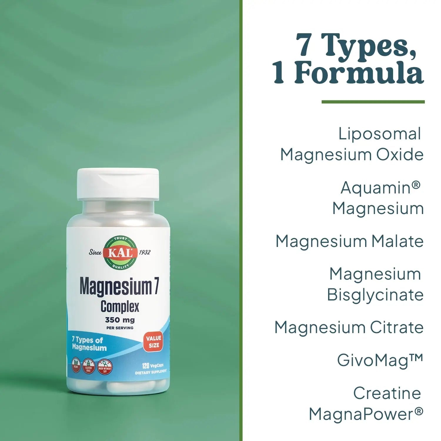 KAL Magnesium Complex 7 - Total Complex with Magnesium Glycinate, Citrate, Malate and More - Relaxation and Whole Body Support Supplements - Vegan, 60-Day Guarantee - 60 Servings - 120 VegCaps - TrustMedUSA