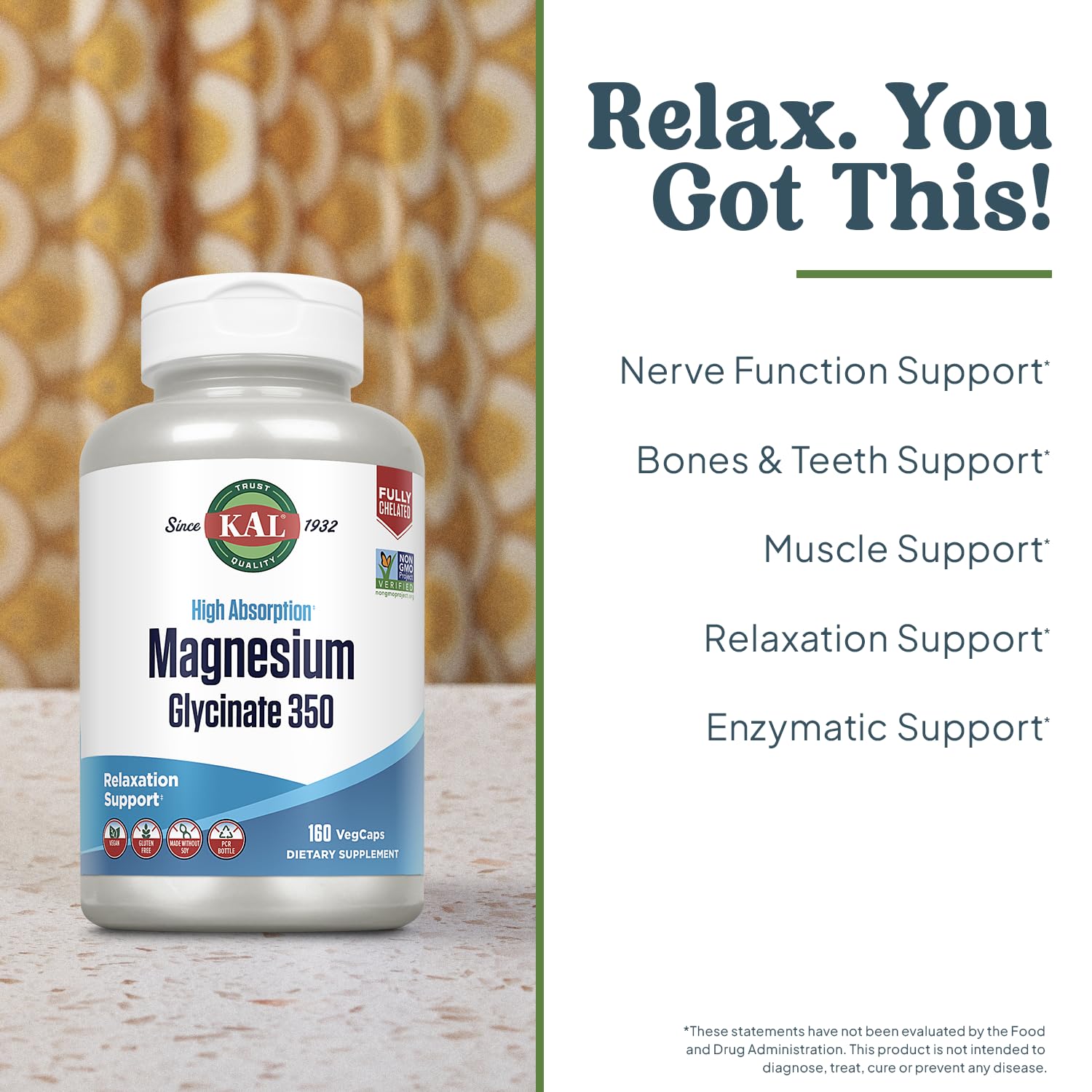 KAL Magnesium Glycinate Capsules, Fully Chelated Magnesium Bisglycinate, High Absorption Magnesium Supplement, Healthy Bones, Muscle, - TrustMedUSA