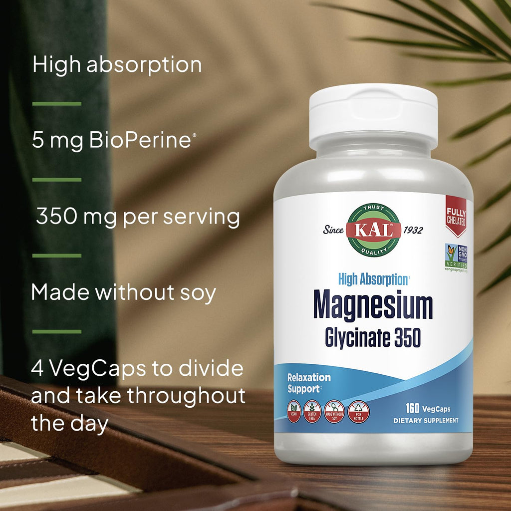 KAL Magnesium Glycinate Capsules, Fully Chelated Magnesium Bisglycinate, High Absorption Magnesium Supplement, Healthy Bones, Muscle, - TrustMedUSA