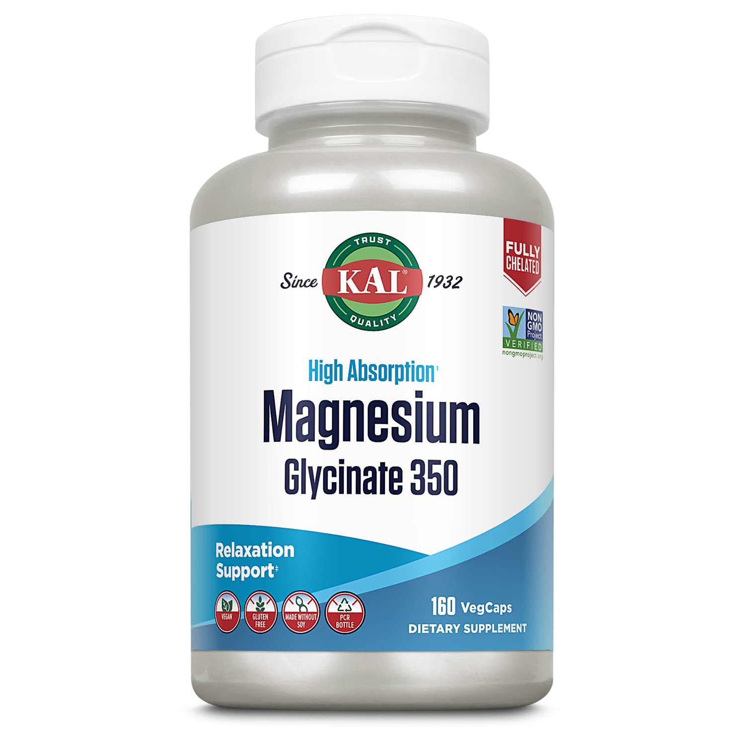 KAL Magnesium Glycinate Capsules, Fully Chelated Magnesium Bisglycinate, High Absorption Magnesium Supplement, Healthy Bones, Muscle, - TrustMedUSA