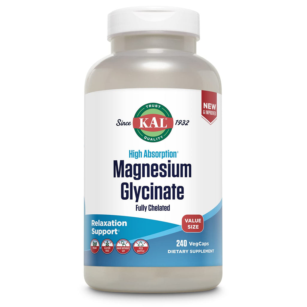 KAL Magnesium Glycinate, New & Improved Fully Chelated High Absorption Formula with BioPerine, Bisglycinate Chelate for Stress, Relaxation - TrustMedUSA