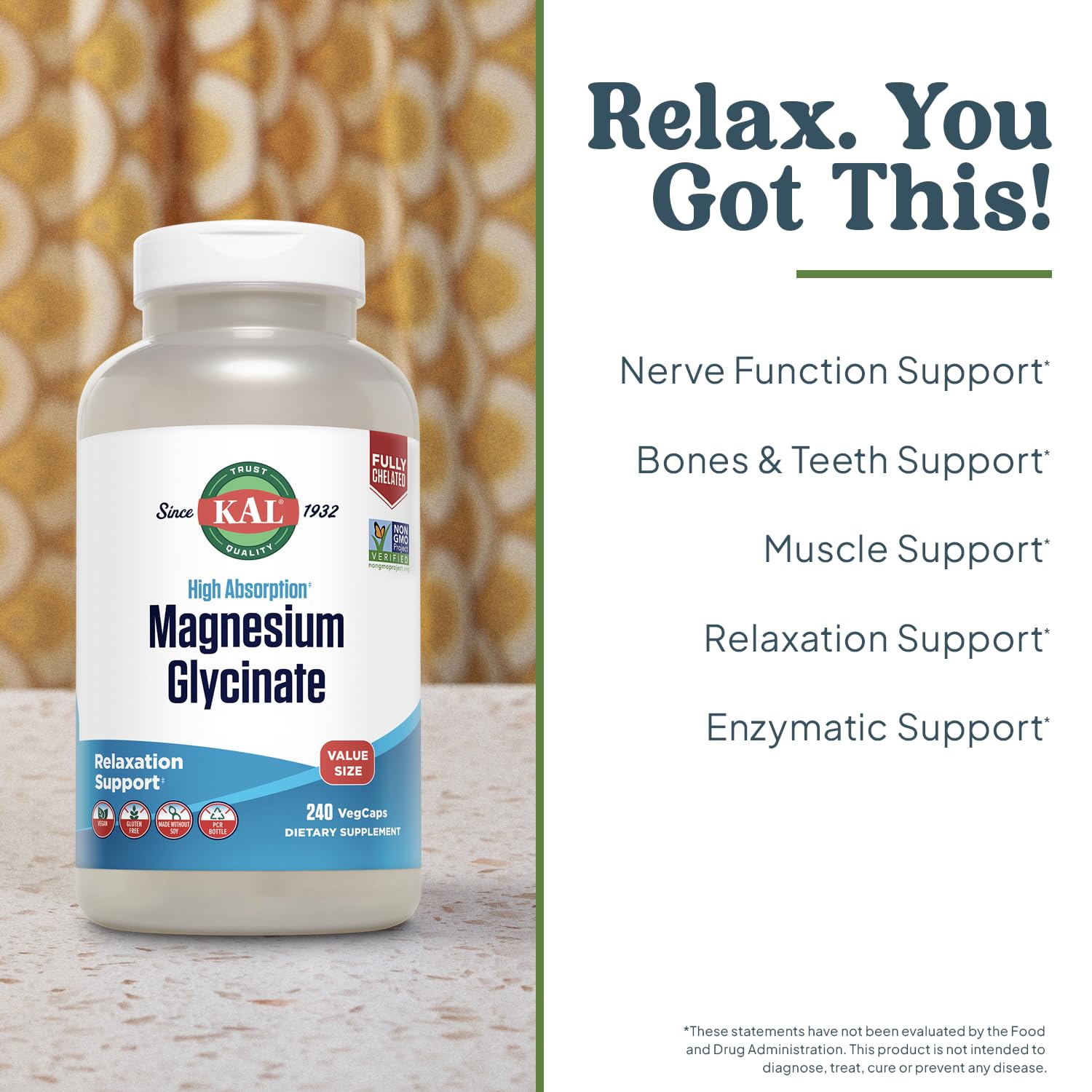 KAL Magnesium Glycinate, New & Improved Fully Chelated High Absorption Formula with BioPerine, Bisglycinate Chelate for Stress, Relaxation - TrustMedUSA