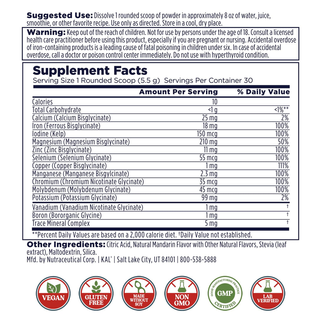 KAL Total Mineral+ Powder - Total Complex - Magnesium Glycinate, Zinc, Calcium and More - Bone Health & Whole Body Support Supplement - Vegan, Non-GMO, Gluten-Free 60-Day Guarantee - 30 Servings - TrustMedUSA