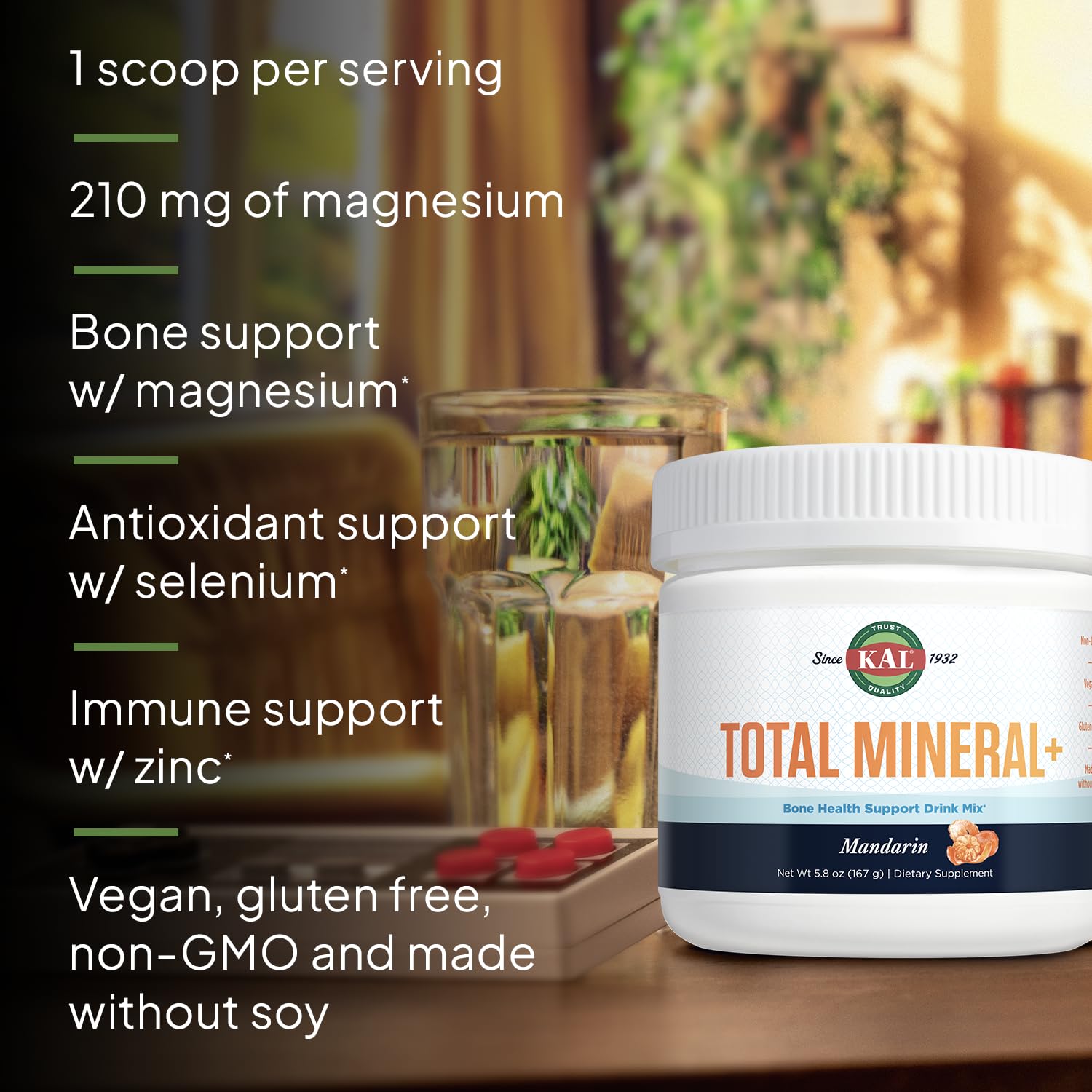 KAL Total Mineral+ Powder - Total Complex - Magnesium Glycinate, Zinc, Calcium and More - Bone Health & Whole Body Support Supplement - Vegan, Non-GMO, Gluten-Free 60-Day Guarantee - 30 Servings - TrustMedUSA