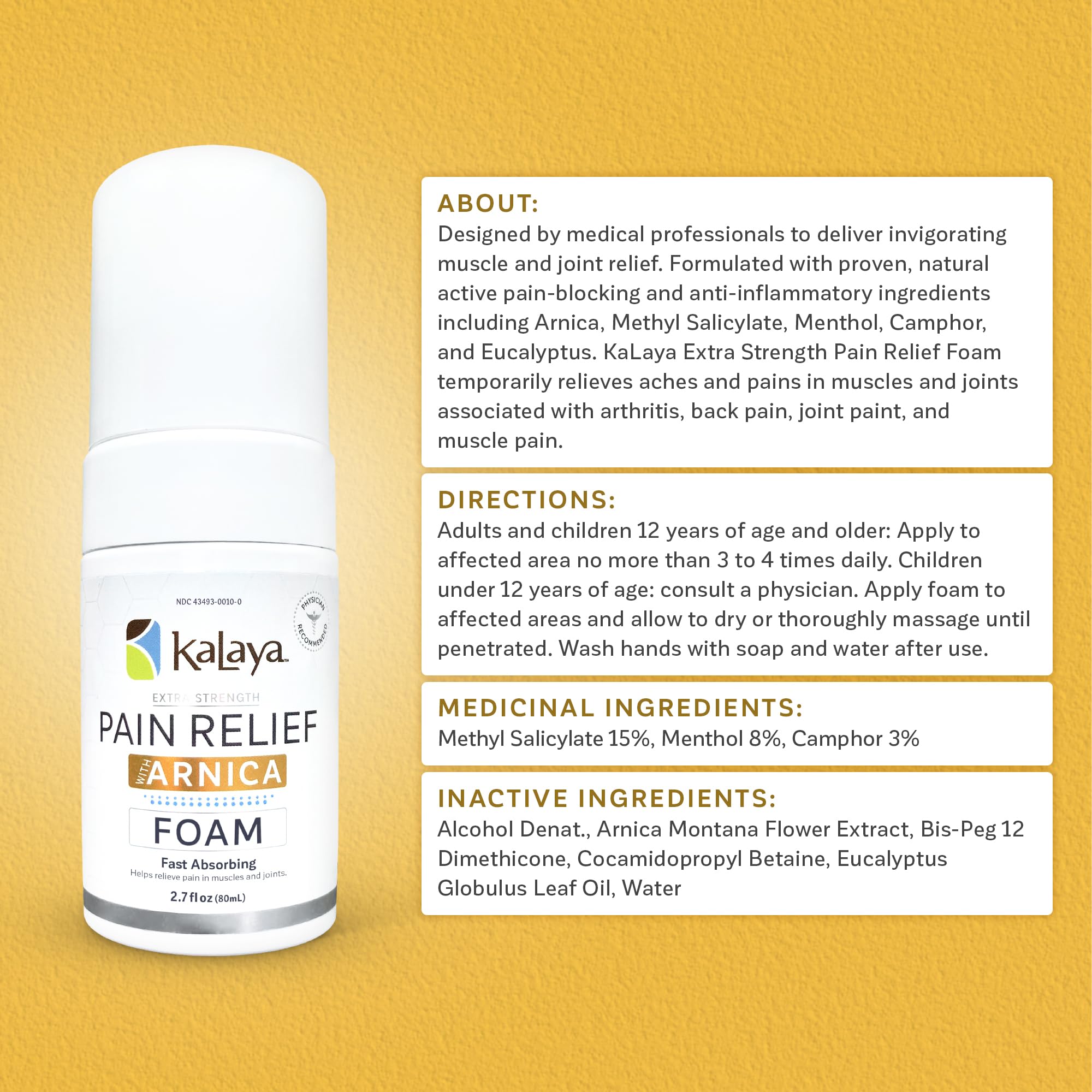 Kalaya Naturals Extra Strength Pain Relief Foam with Arnica - Supports Pain Relief in Muscle & Joints (2.7 Ounces) - TrustMedUSA