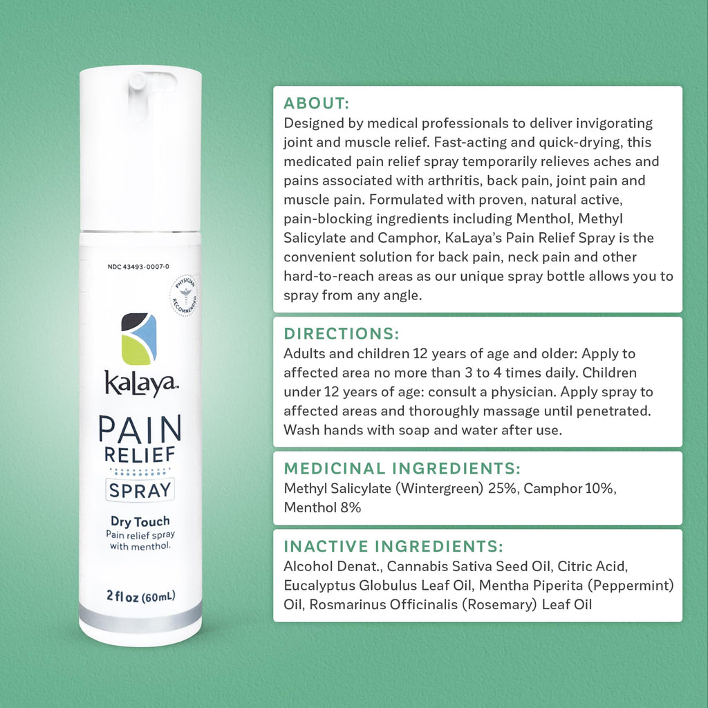 Kalaya Pain Relief Spray - Fast-Acting, Quick-Drying Muscle Rub for Joint Pain Relief and Muscle Pain - with Eucalyptus, Menthol, Methyl Salicylate, Camphor - Ideal for Easing Back Pain - 2 oz - TrustMedUSA