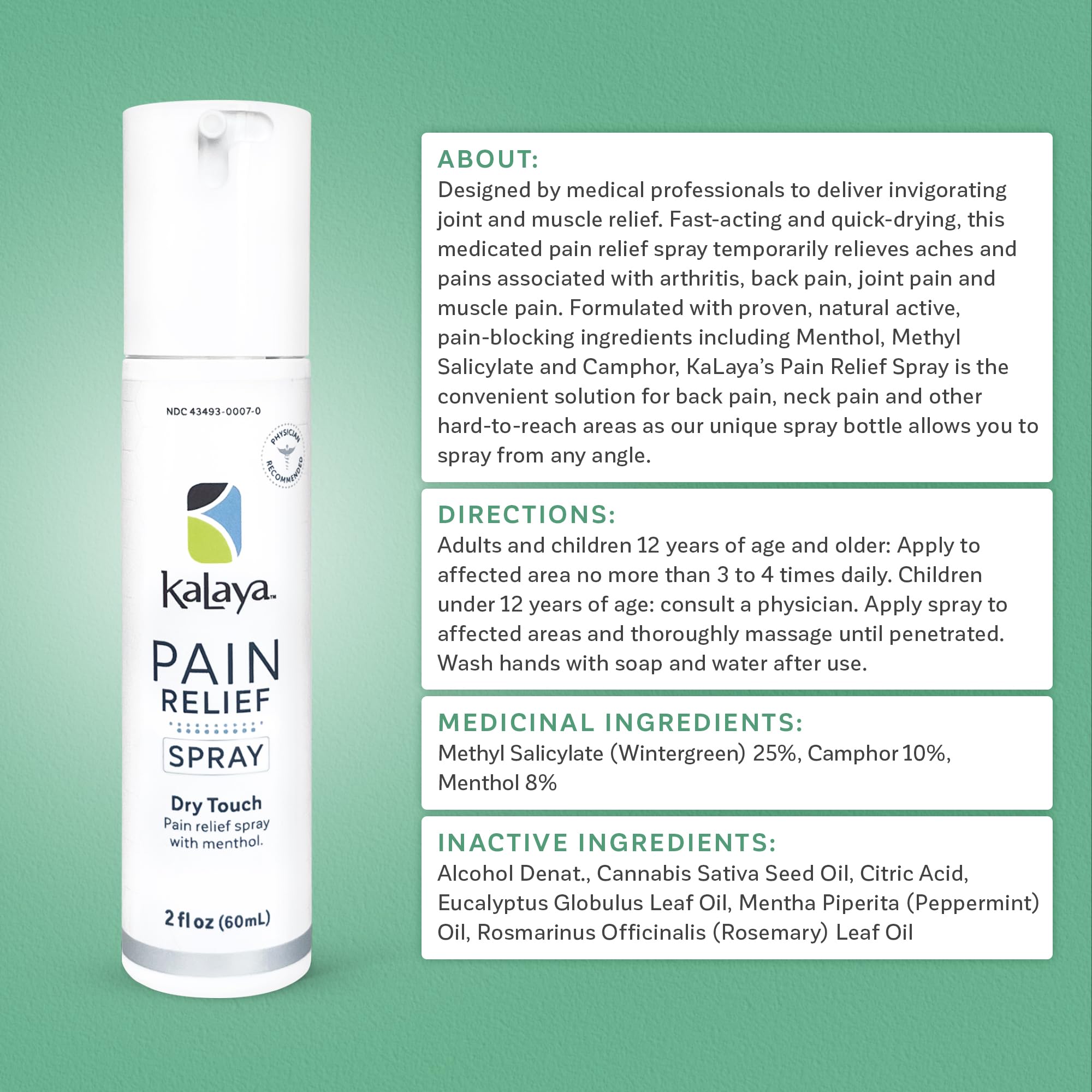 Kalaya Pain Relief Spray - Fast-Acting, Quick-Drying Muscle Rub for Joint Pain Relief and Muscle Pain - with Eucalyptus, Menthol, Methyl Salicylate, Camphor - Ideal for Easing Back Pain - 2 oz - TrustMedUSA